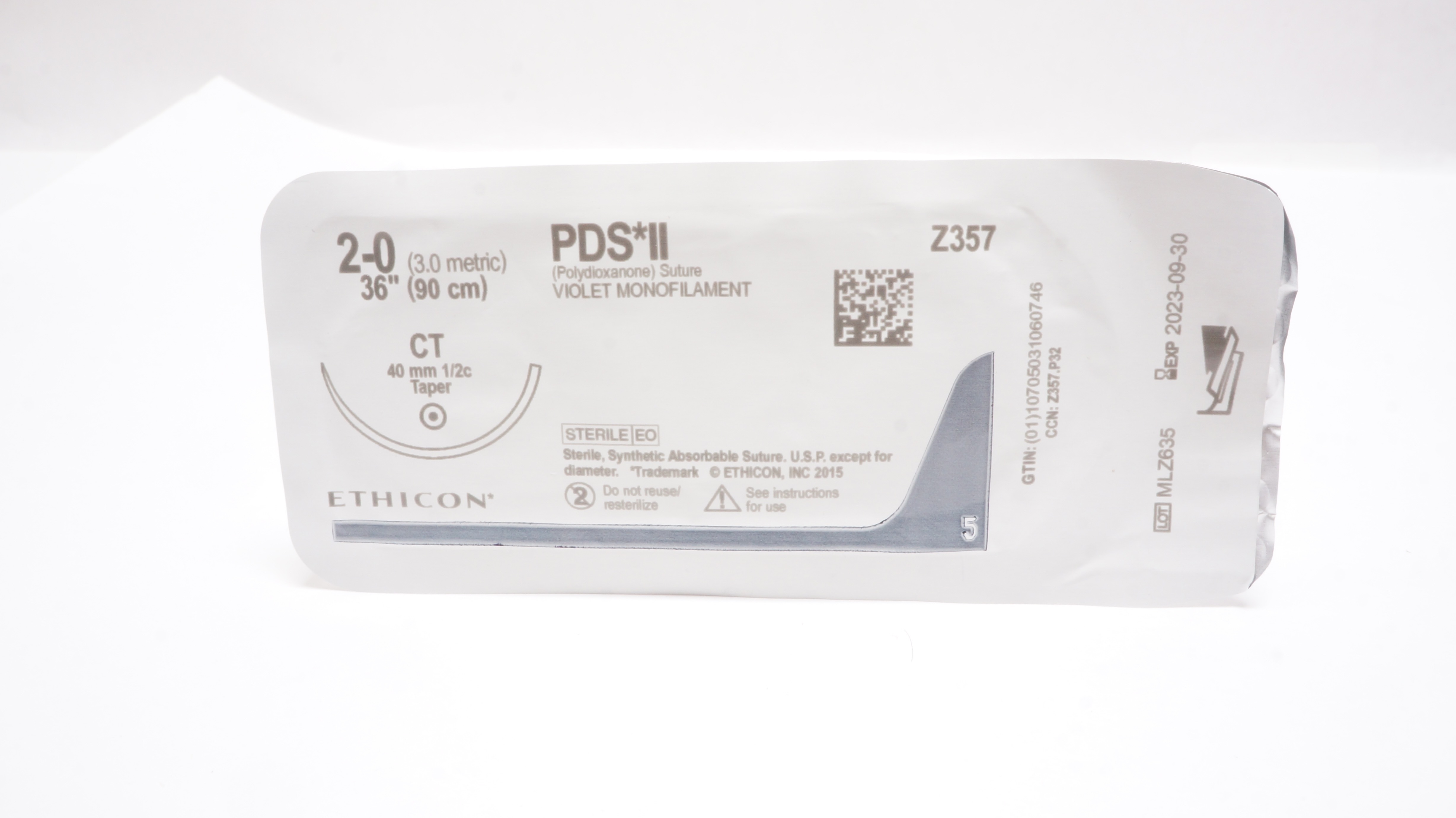Ethicon Z357 2-0 PDS II Violet Monofilament, CT, 40mm 1/2c Taper, 36inch
