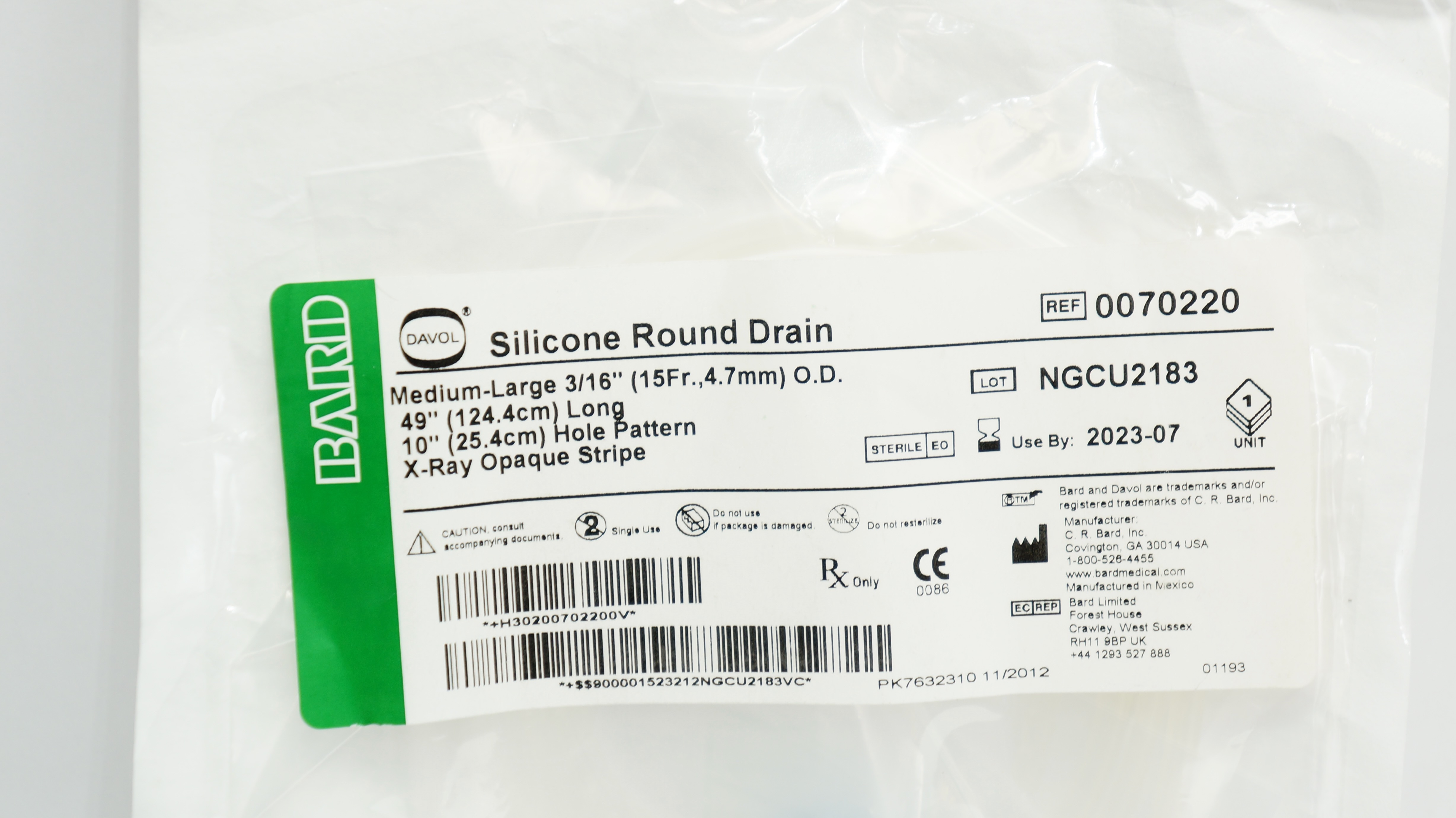 Bard 0070220 Davol Silicone Round Drain 3/16 inch O.D. x 49 inch x 10 inch (x)