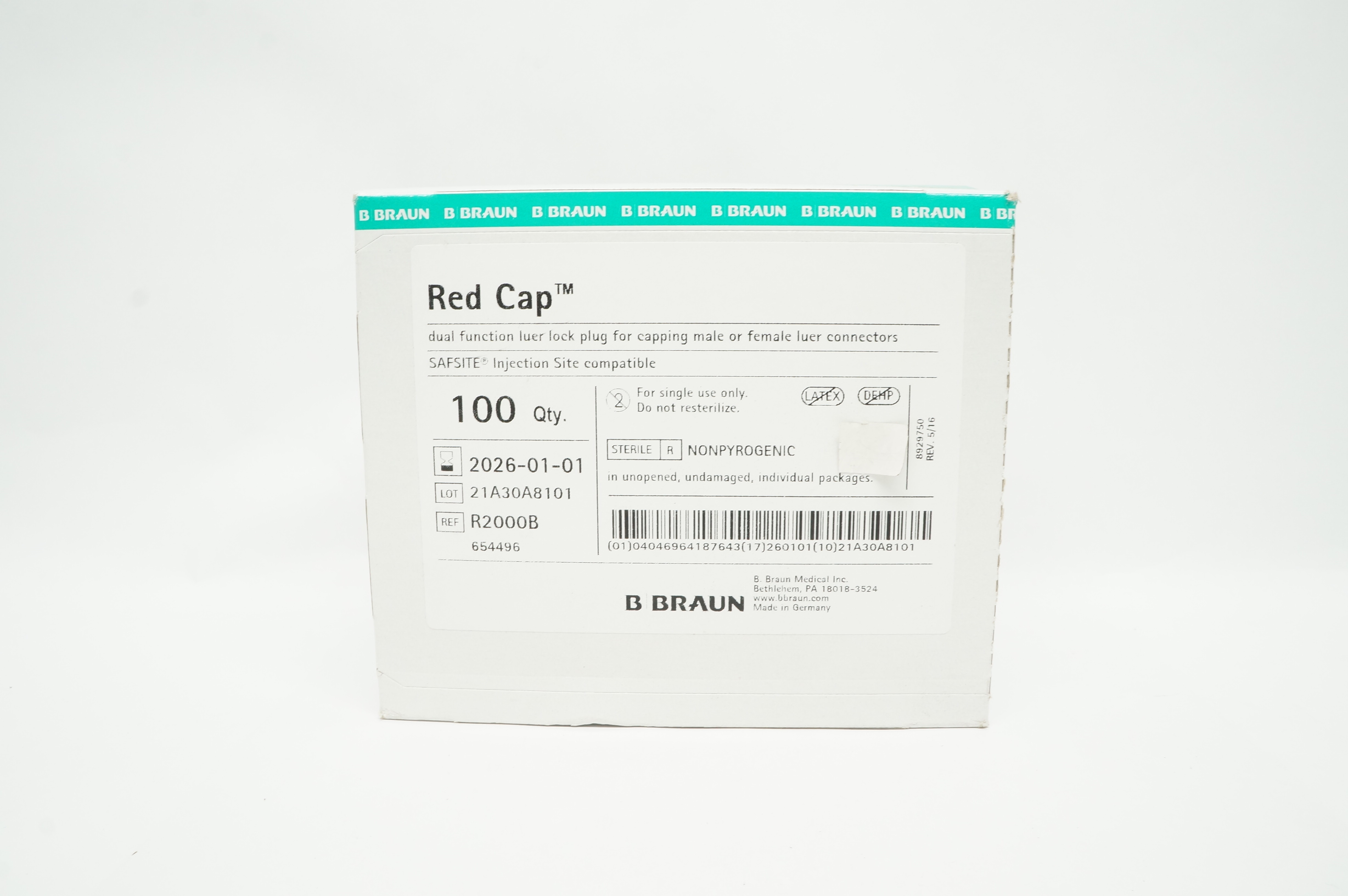 Braun R2000B Red Cap Dual Function Luer Lock Plug - Box of 100