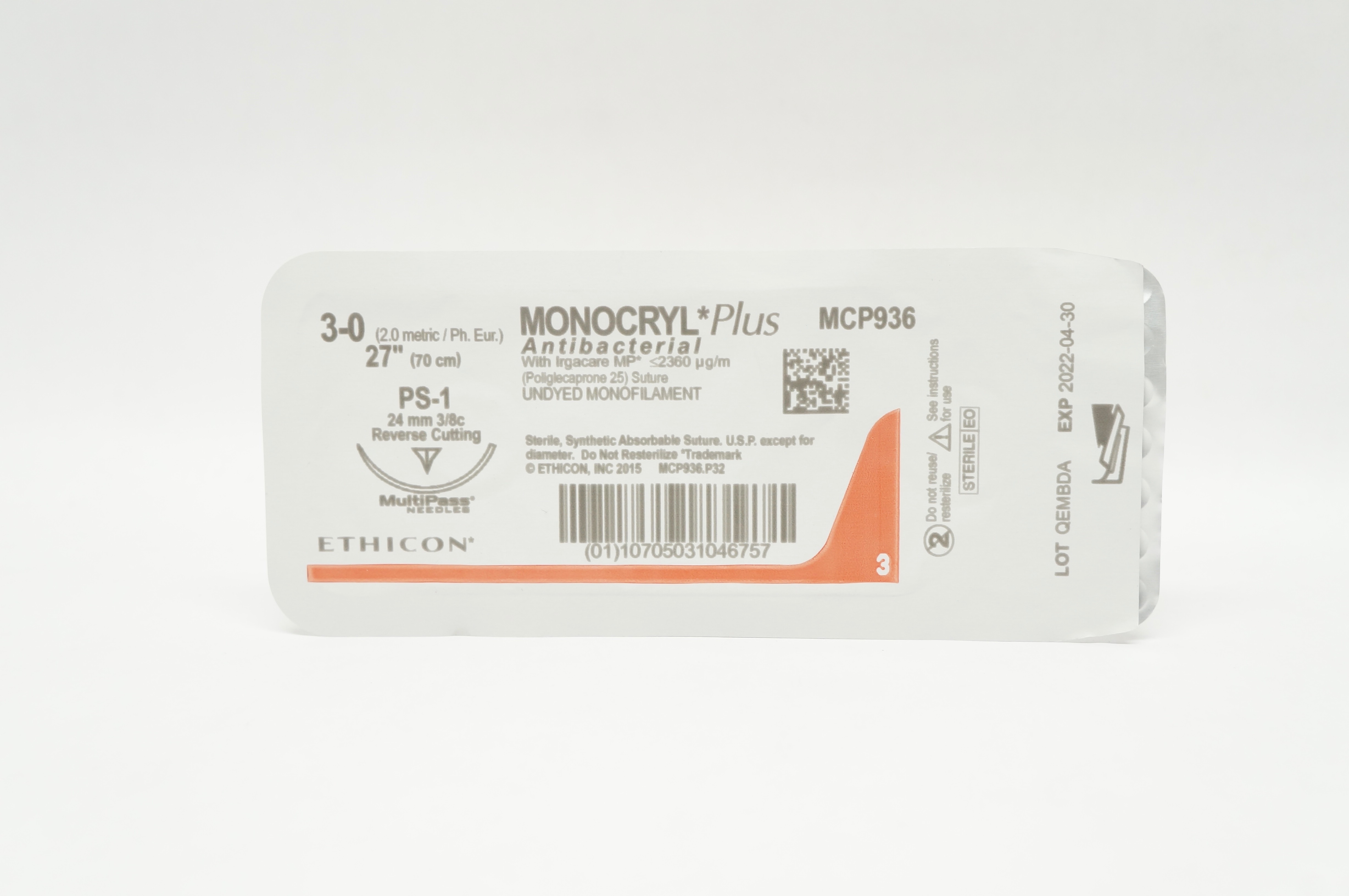 Ethicon MCP936 3-0 Monocryl Plus Stre PS-1 24mm 3/8c Reverse Cutting 27inch (x)
