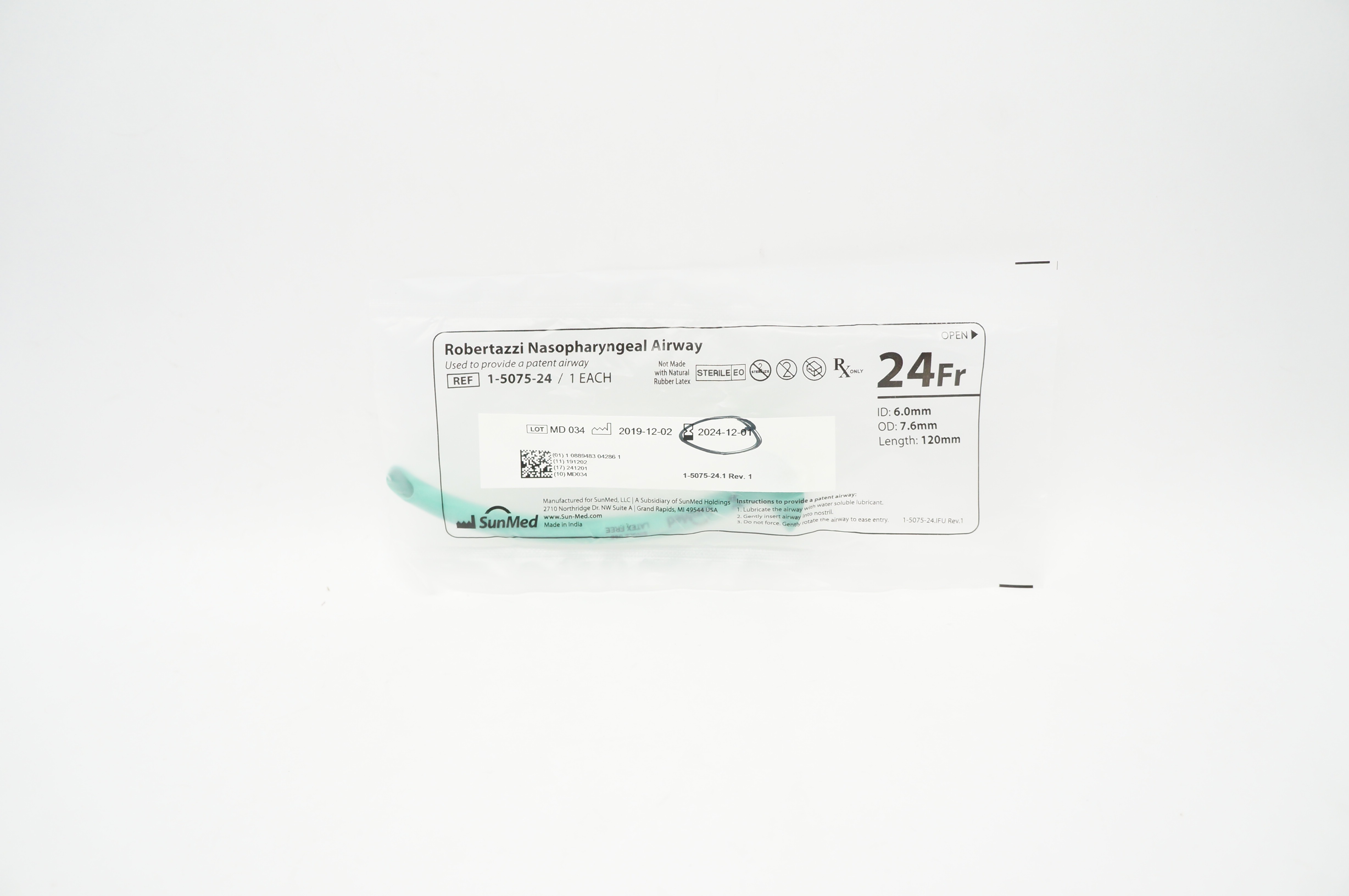 SunMed 1-5075-24 Robertazzi Nasopharyngeal Airway 24Fr 6.0mmID x 7.6mmOD x 120mm