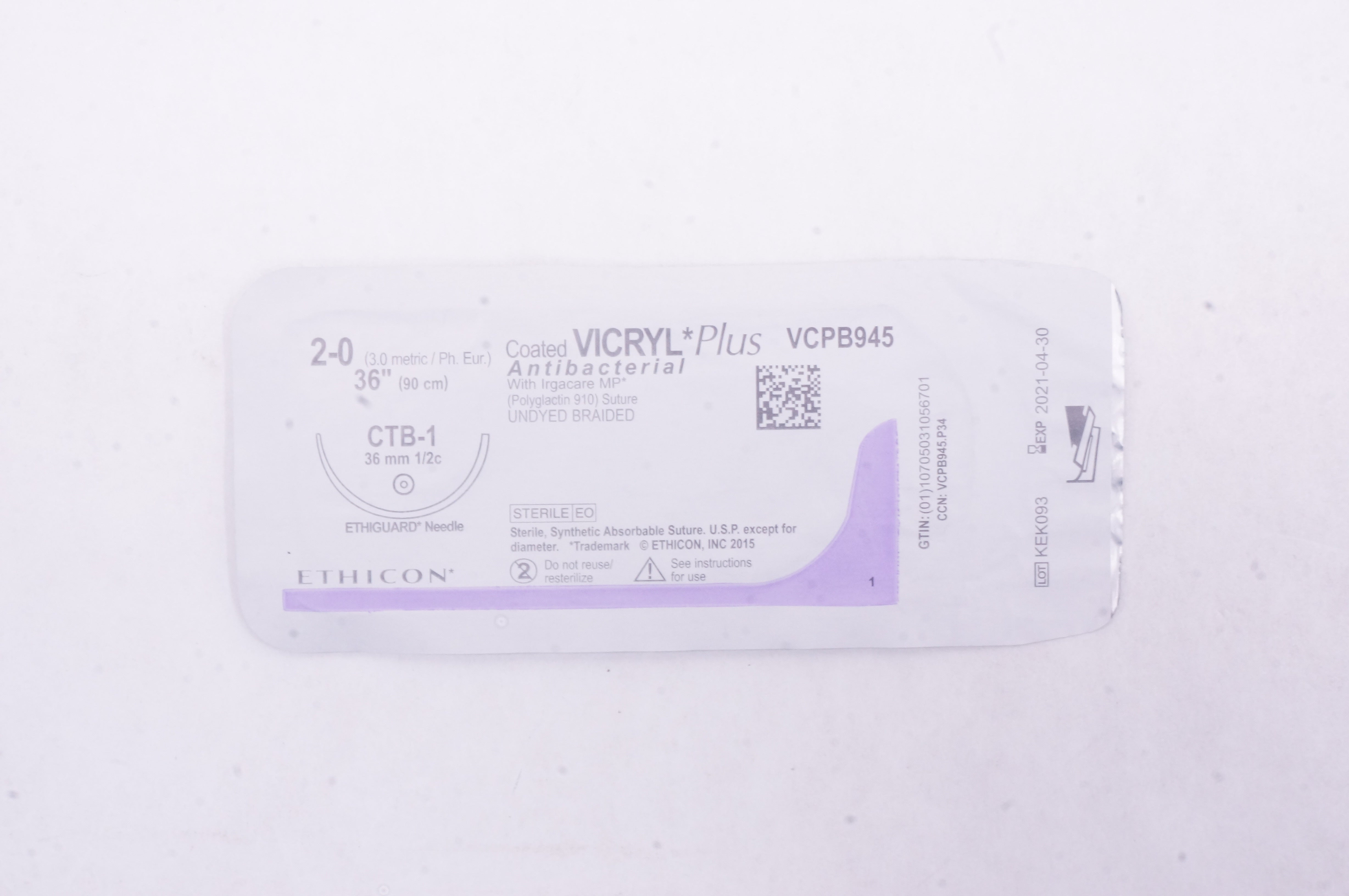 Ethicon VCPB945 2-0 VICRYL Plus CTB-1 36mm 1/2c 36inch