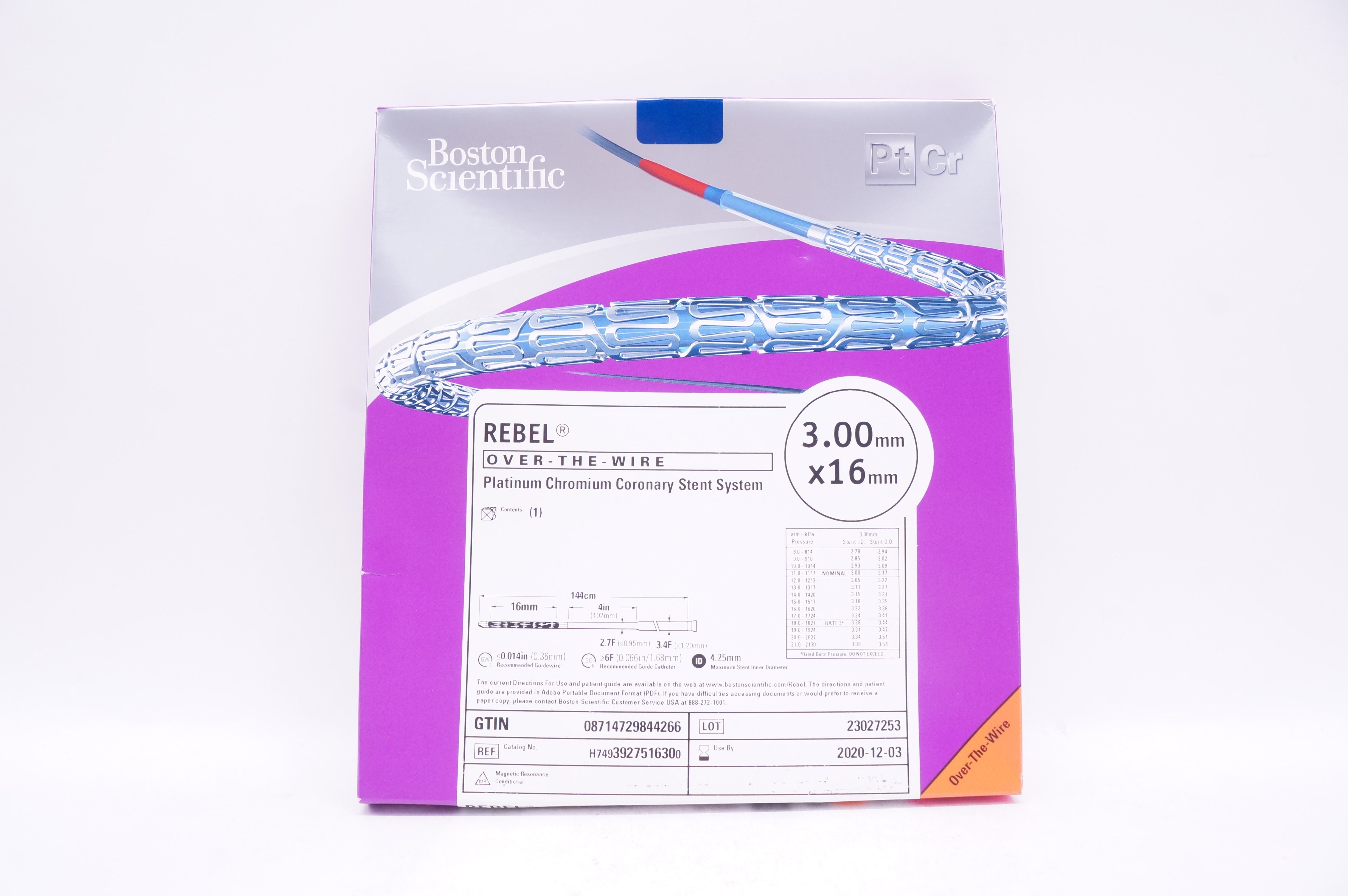 Boston 392751630 Rebel Over-the-Wire Platinum Coronary Stnt. System 3.00x16mm(x)