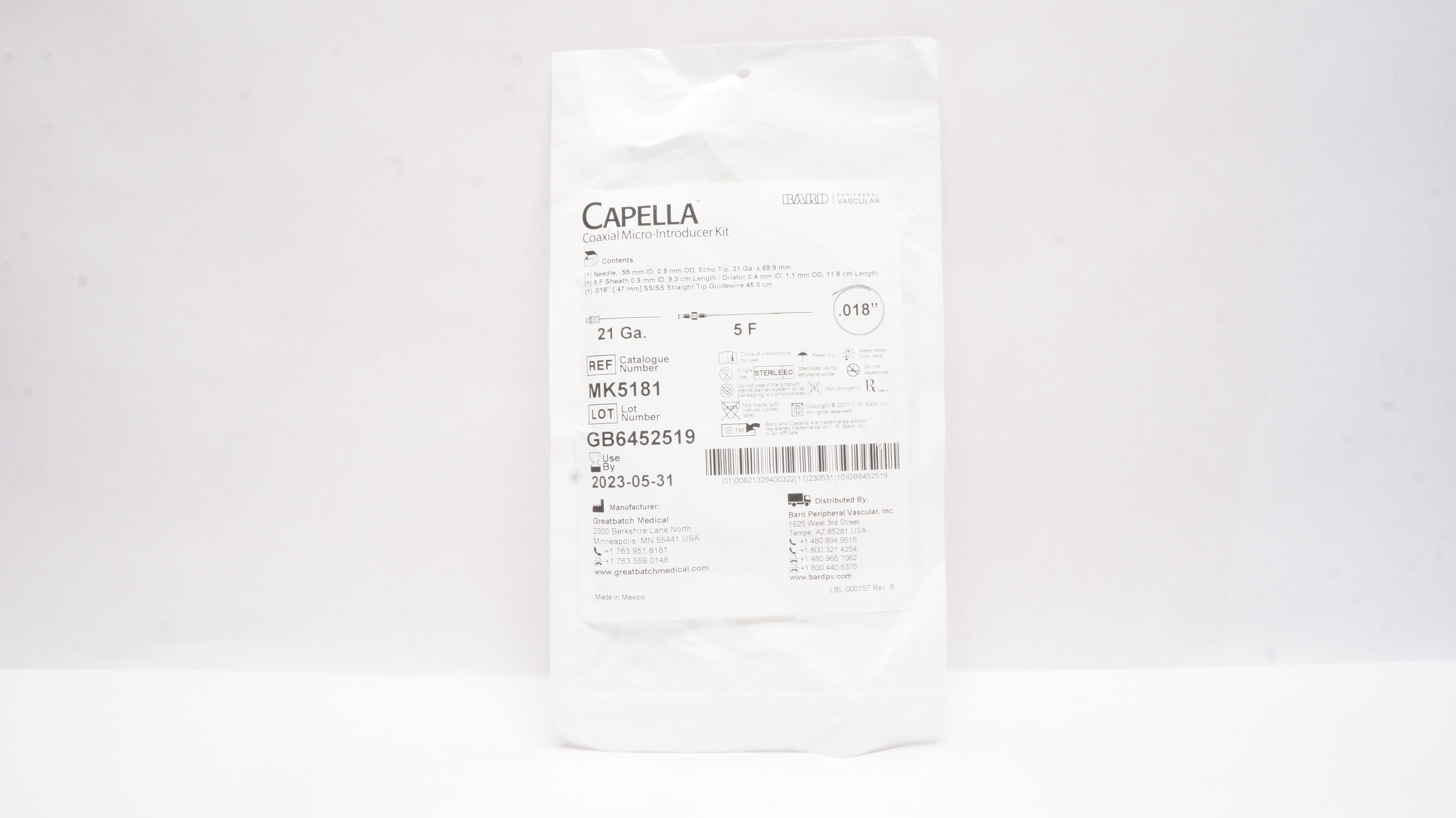 BARD MK5181 Capella Coaxial Micro-Introducer Kit 5F x 21Ga x .018inch (x)
