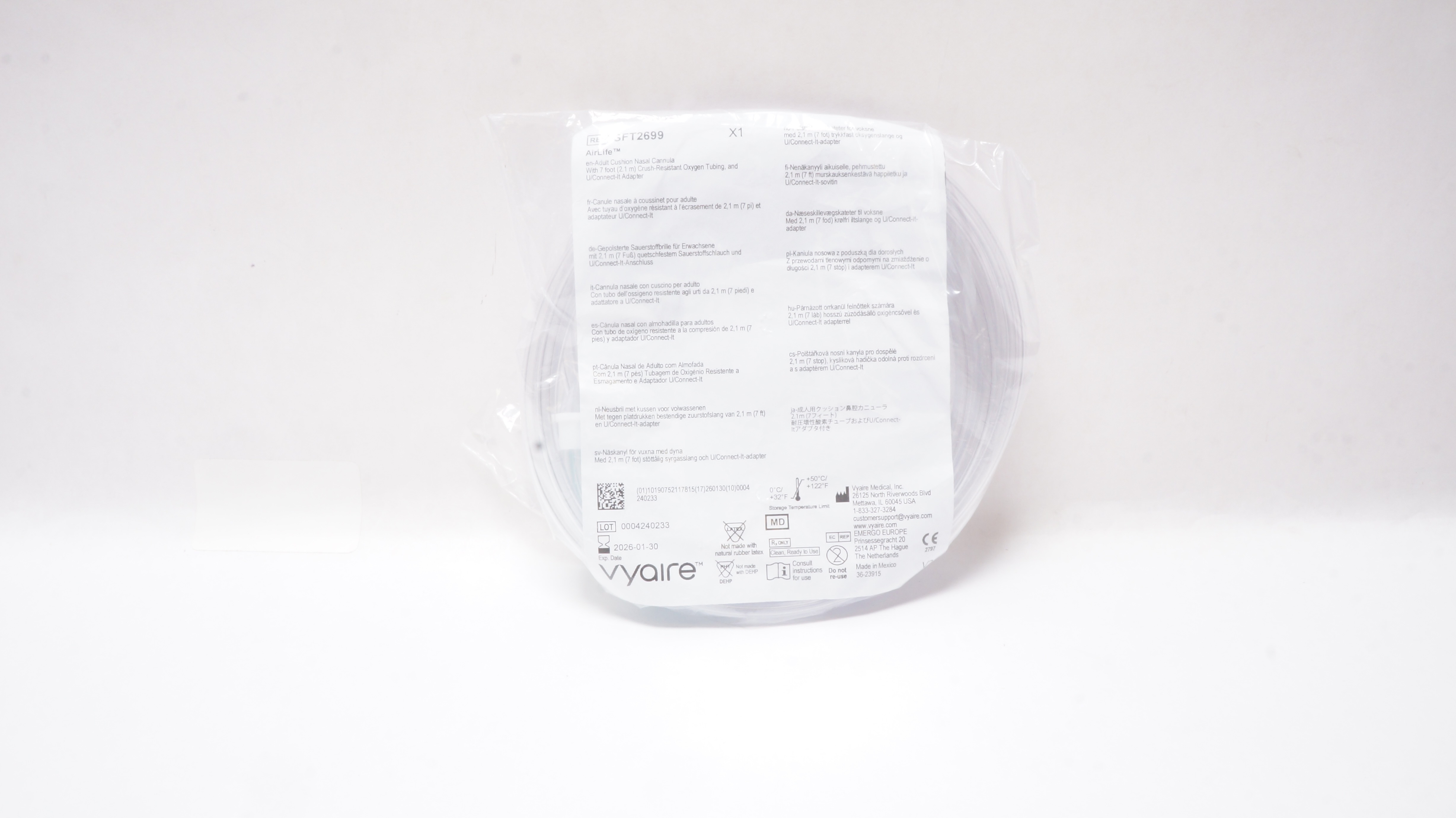 Vyaire SFT2699 AirLife Adult Cushion Nasal Cannula with Tubing 7ft.