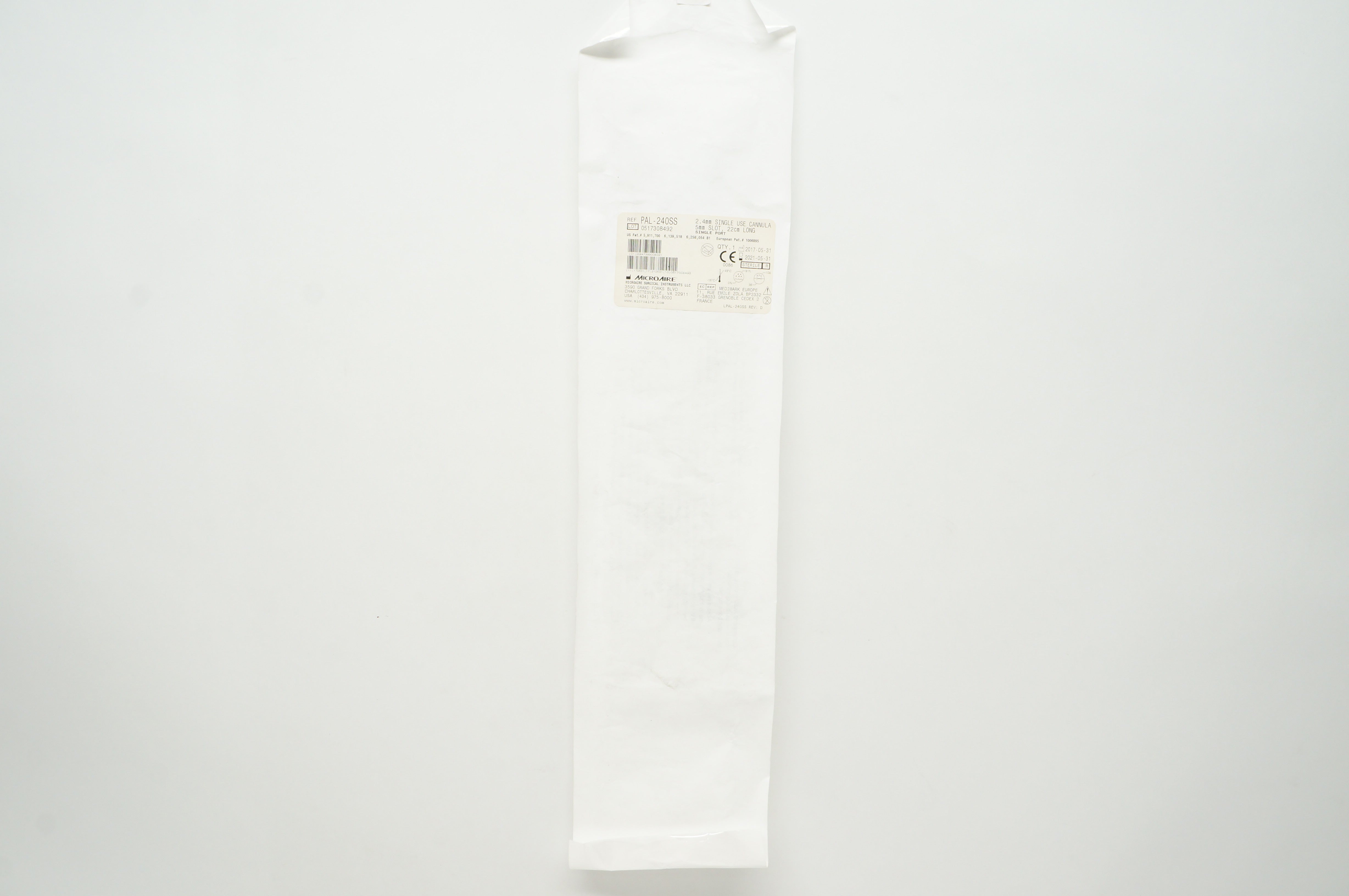 Microaire PAL-240SS 2.4mm Single Use Cannula Single Port 5mm x 22cm (x)