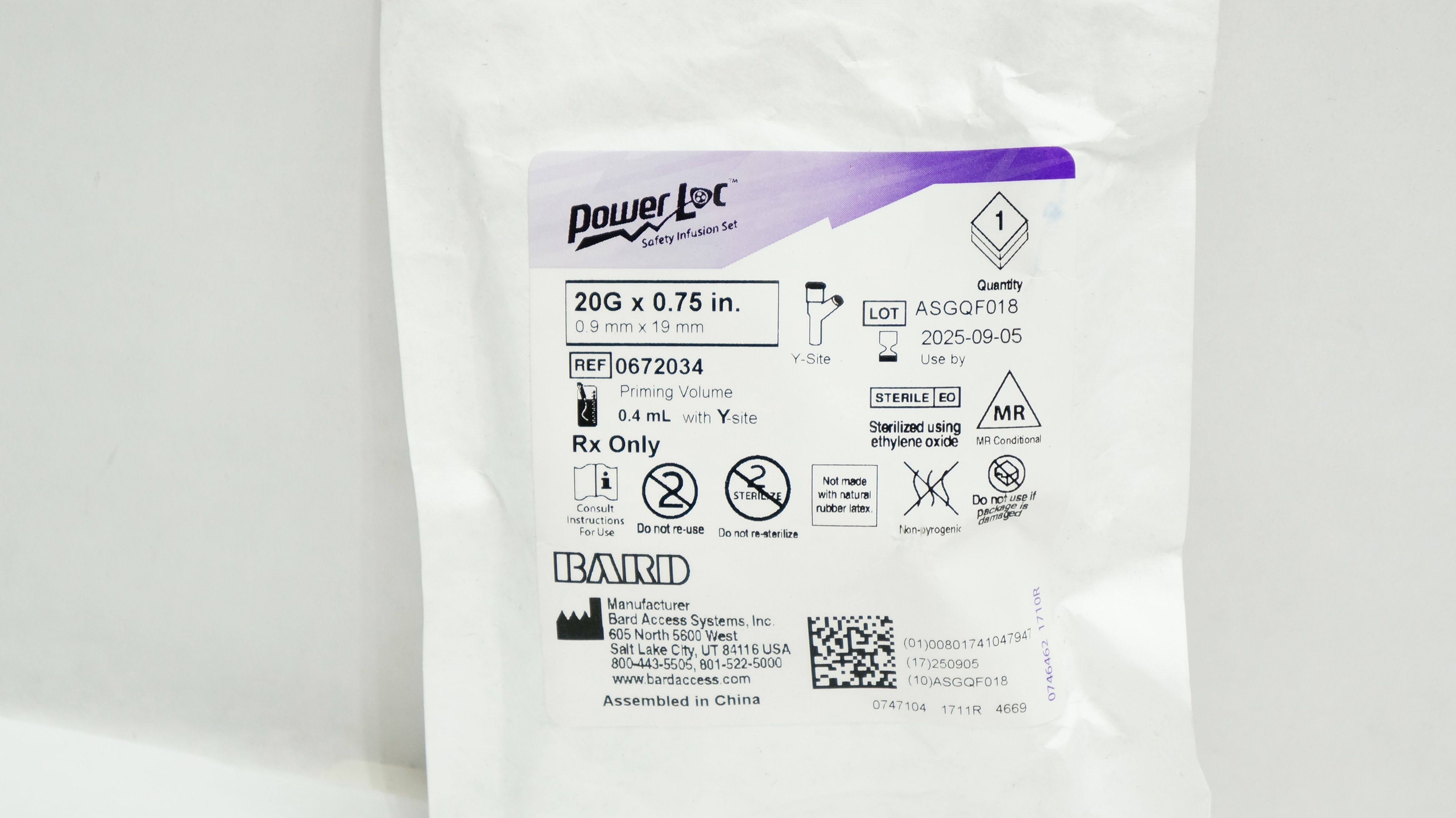 Bard 0672034 Power Loc Safety Infusion Set 20G x 0.75 inch Priming Volume 0.4 mL