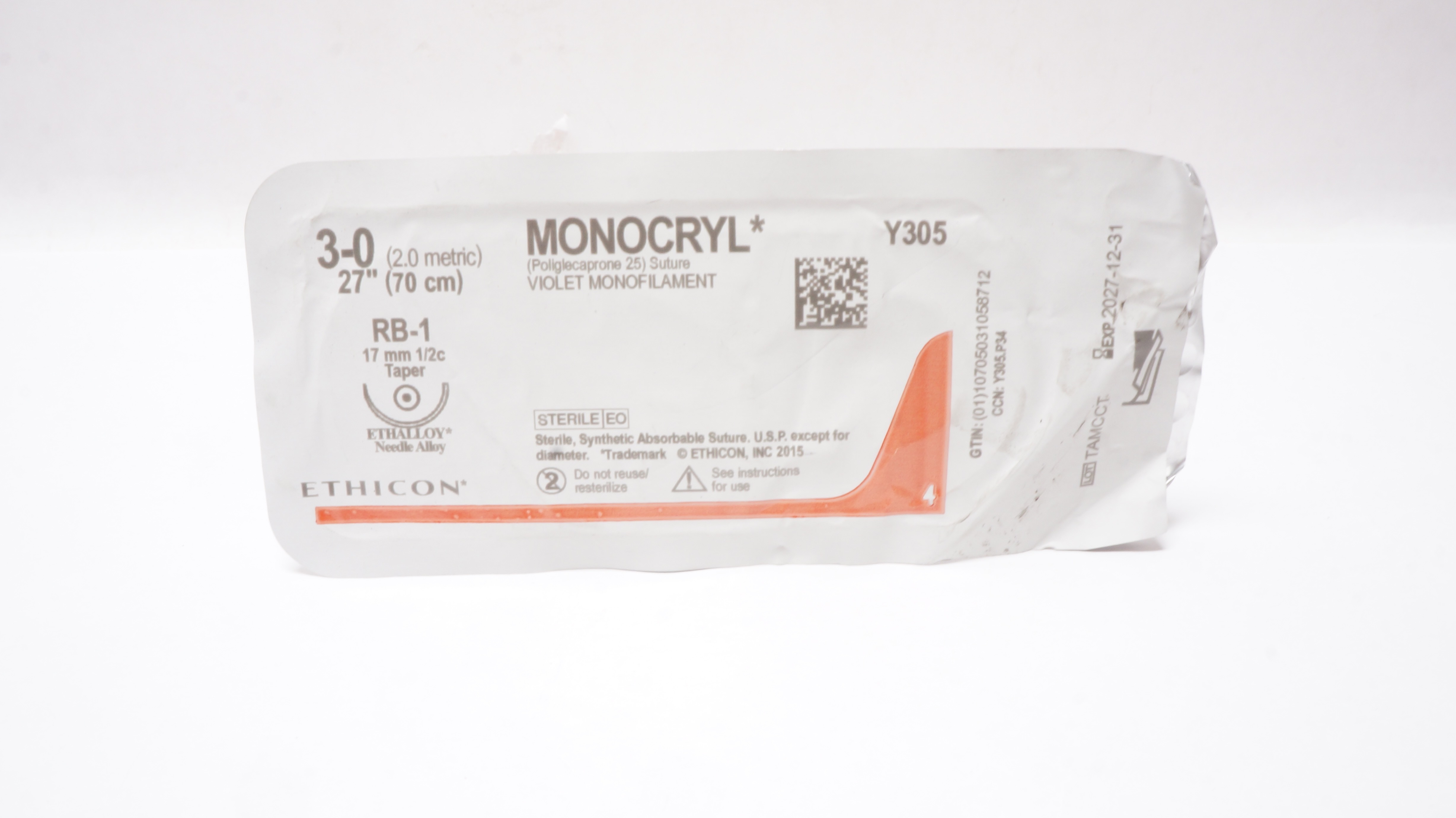 Ethicon Y305 3-0 MONOCRYL Poliglecaprone 25 Stre RB-1 17mm 1/2c Taper, 27inch