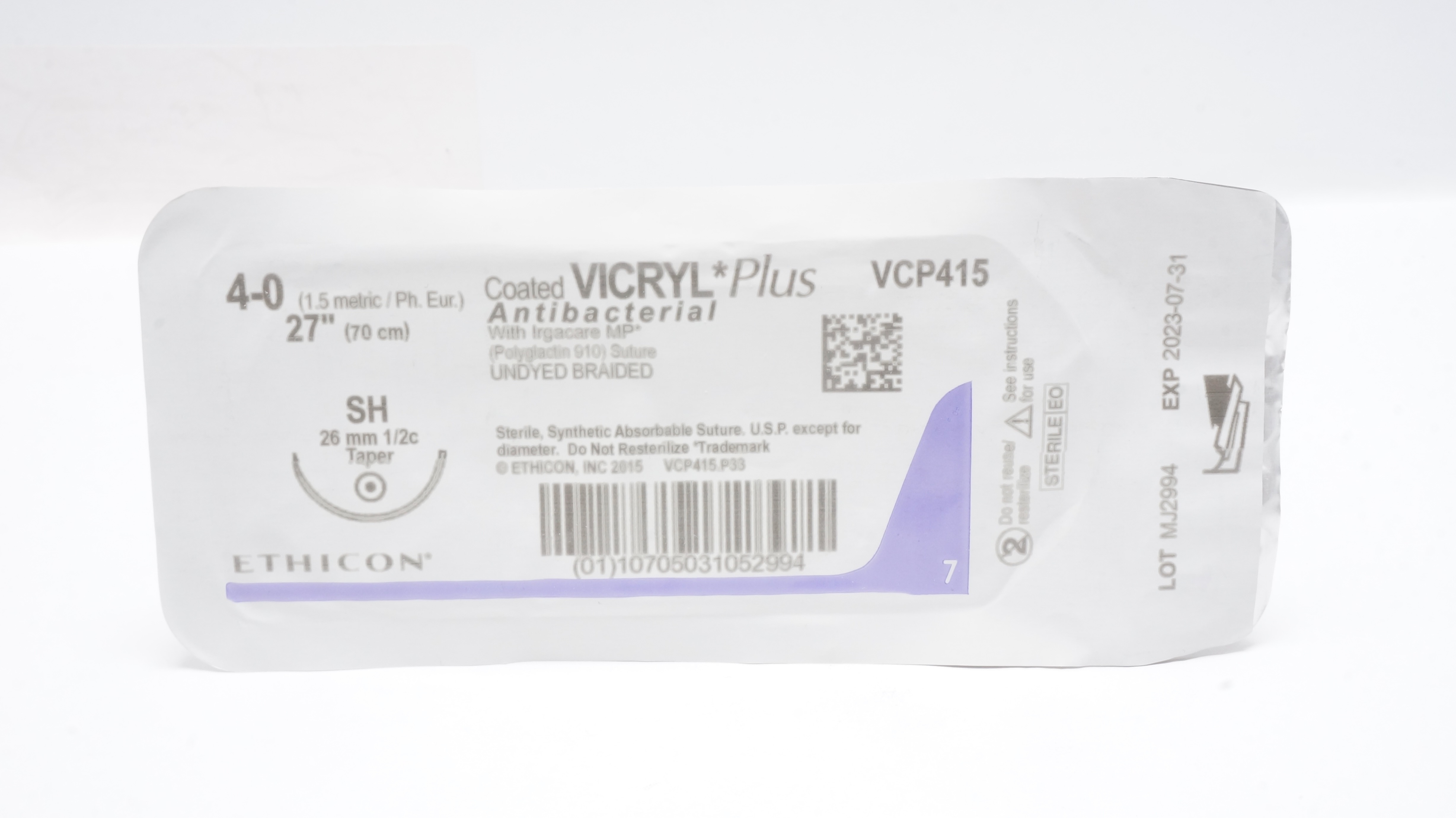Ethicon VCP415 4-0 Vicryl Antibacterial Stre SH 26mm 1/2c Taper, 27inch (x)