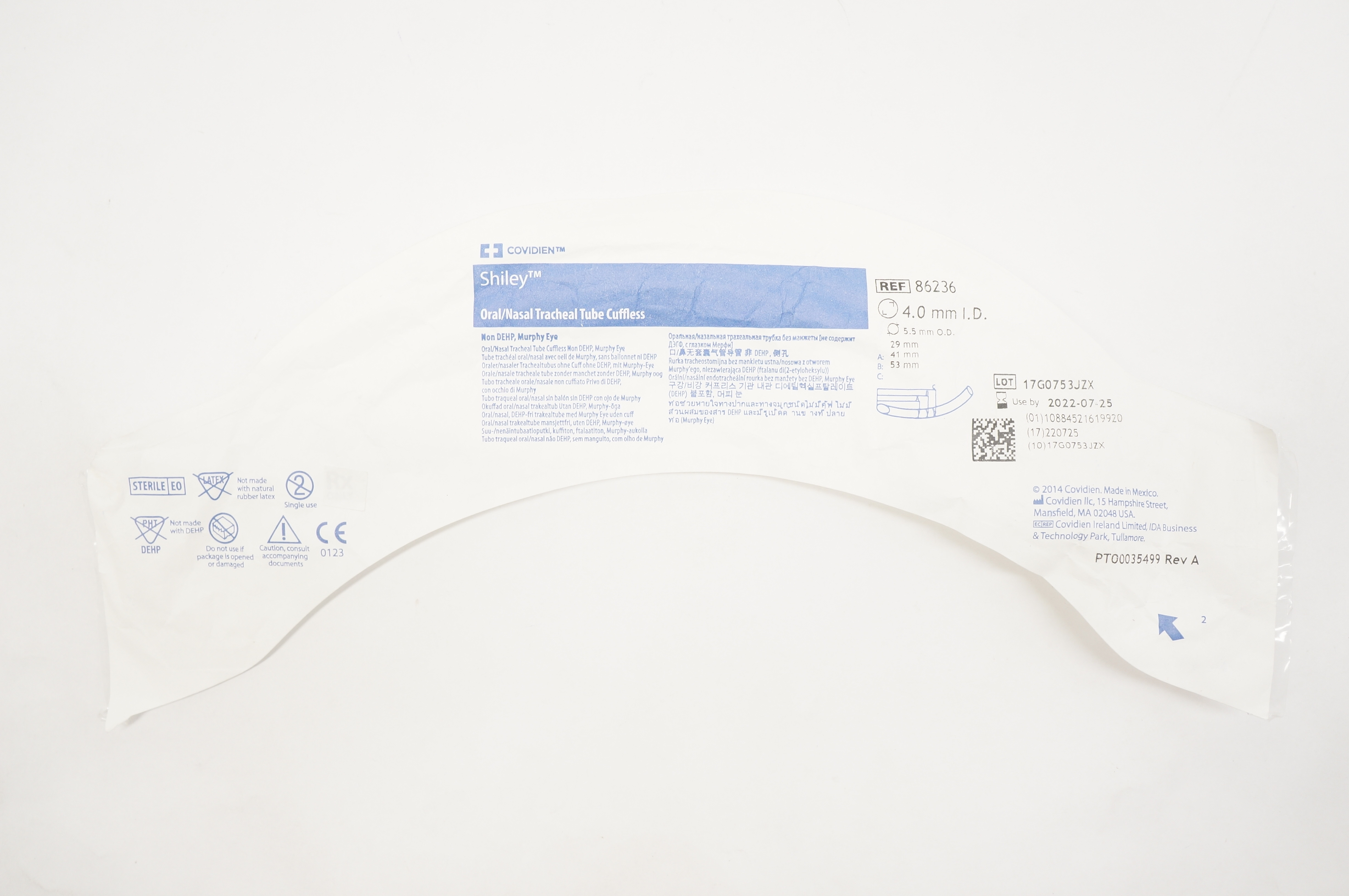 Covidien 86236 Shiley Oral/Nasal Tracheal Tube Cuffless 4.0m ID x 5.5mm OD