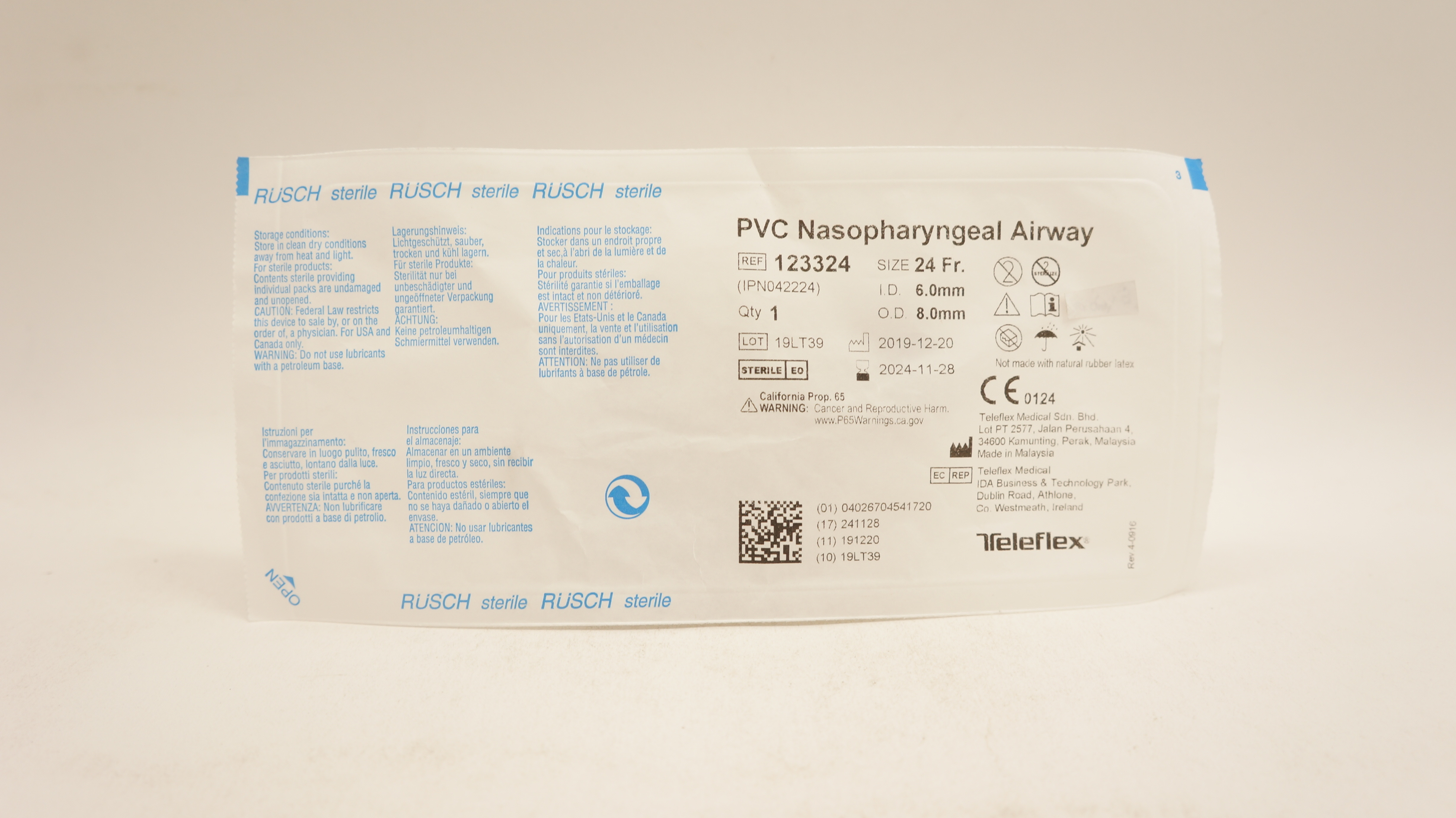 Teleflex 123324 Rusch PVC Nasopharyngeal Airway 24 Fr x 6.0mm ID x 8.0mm OD