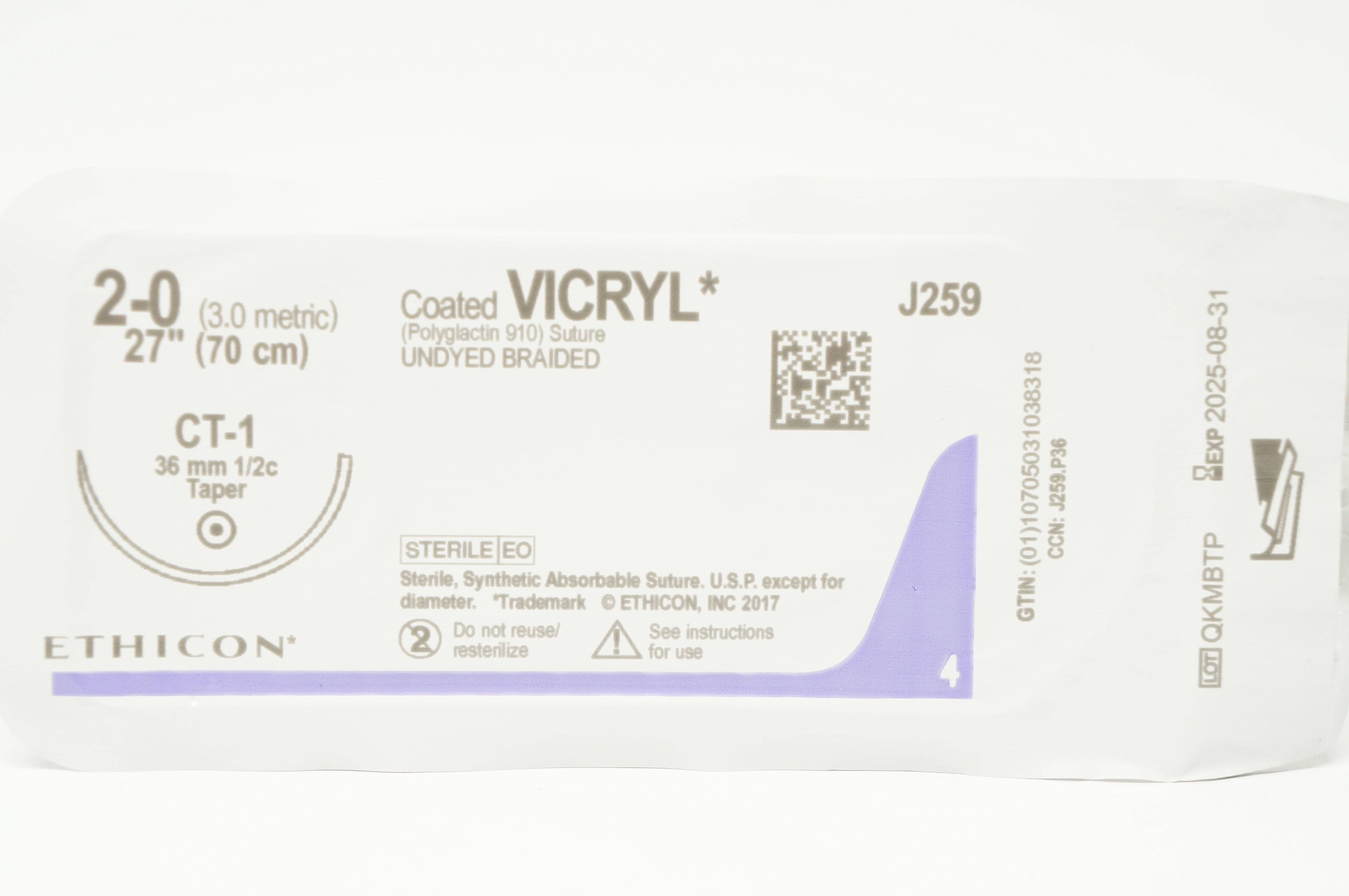 Ethicon J259 2-0 Coated VICRYL Stre CT-1 36mm 1/2c Taperpoint, 27 inch