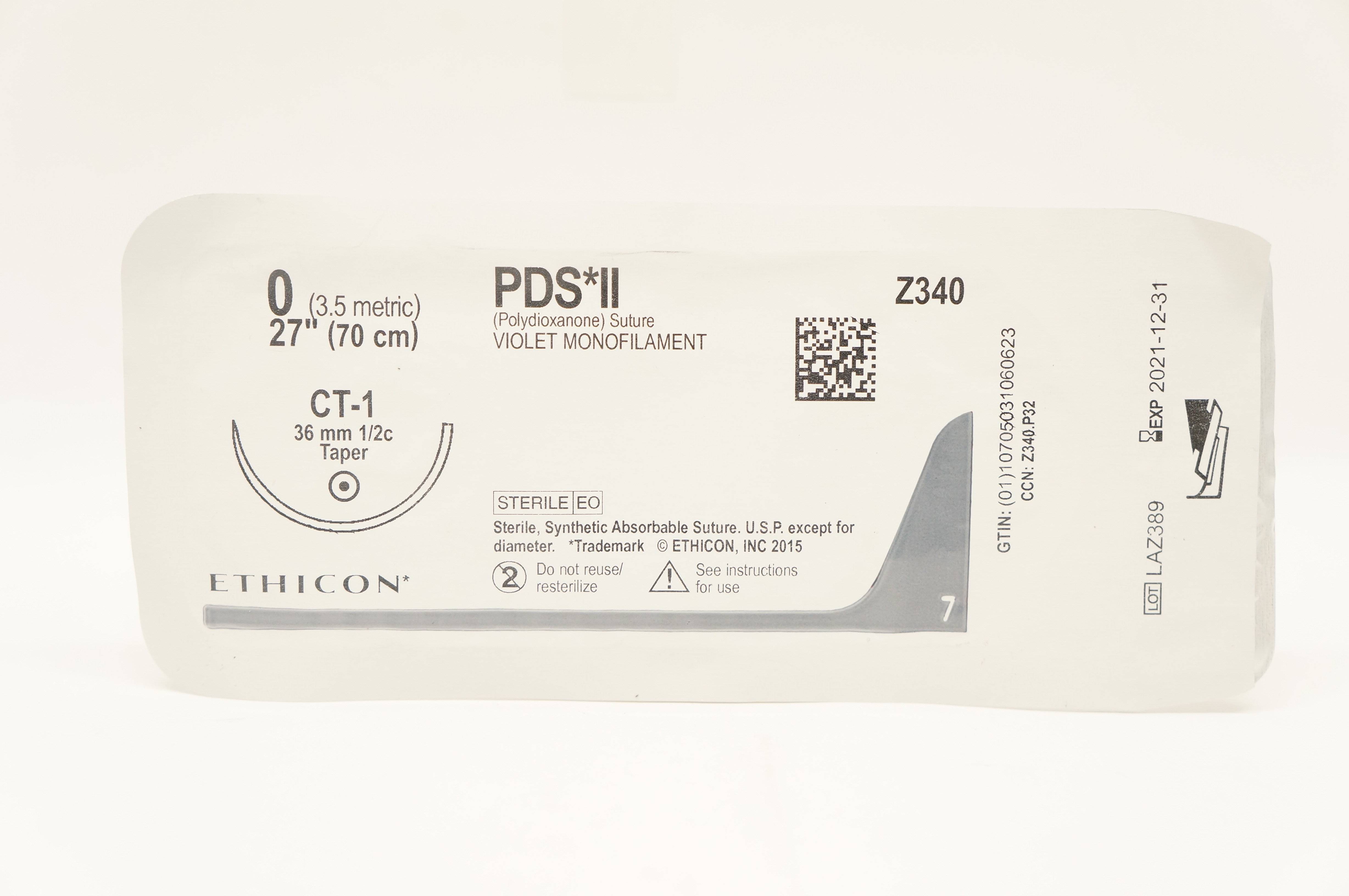 Ethicon Z340 0 PDS II, CT-1, 36mm 1/2c Taper, 27inch