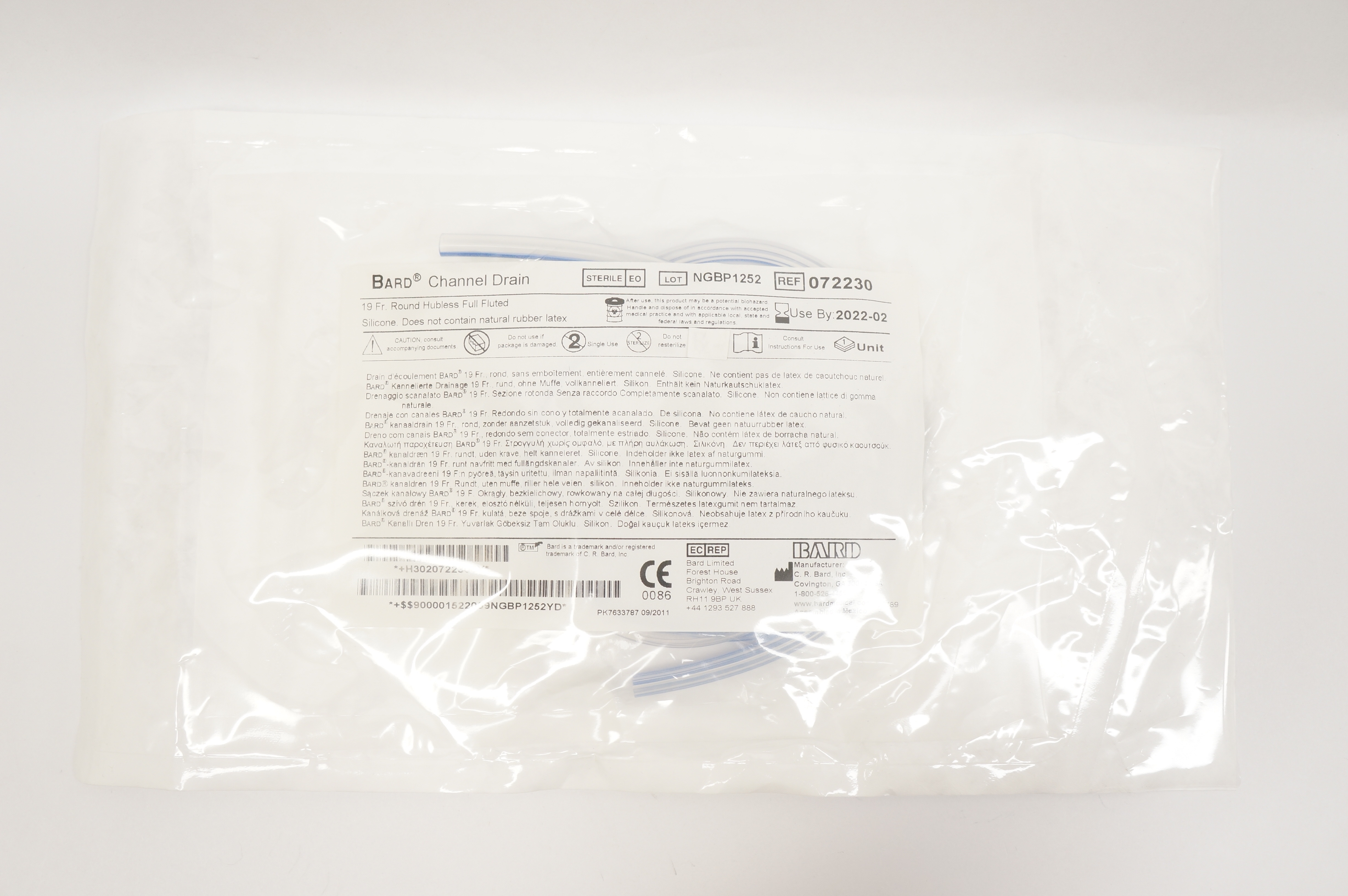 Bard 072230 Channel Drain Round Hubless Full Fluted Silicone, 19 Fr