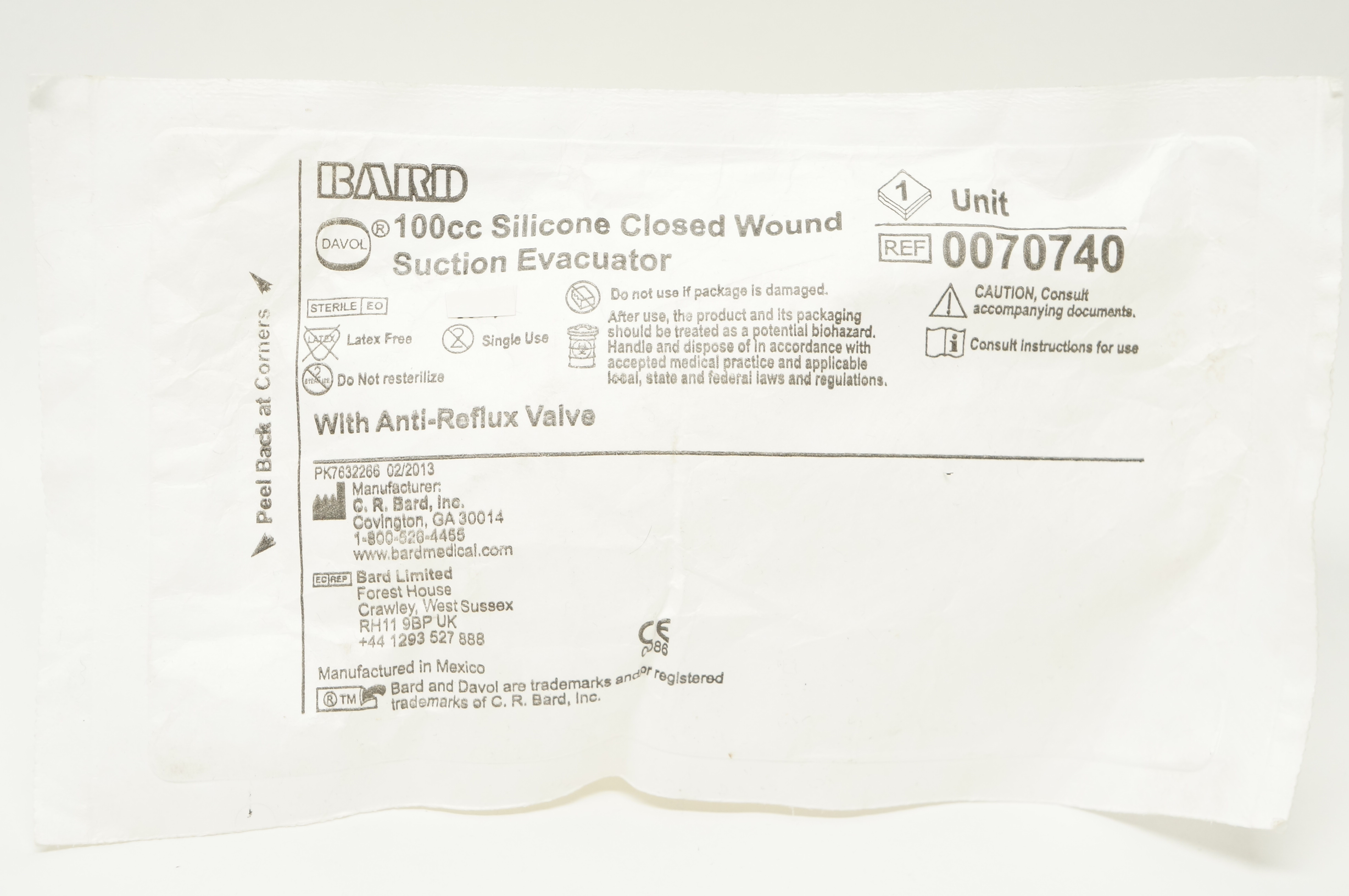Bard 0070740 Davol Silicone Closed Wound Suction Evacuator 100 cc