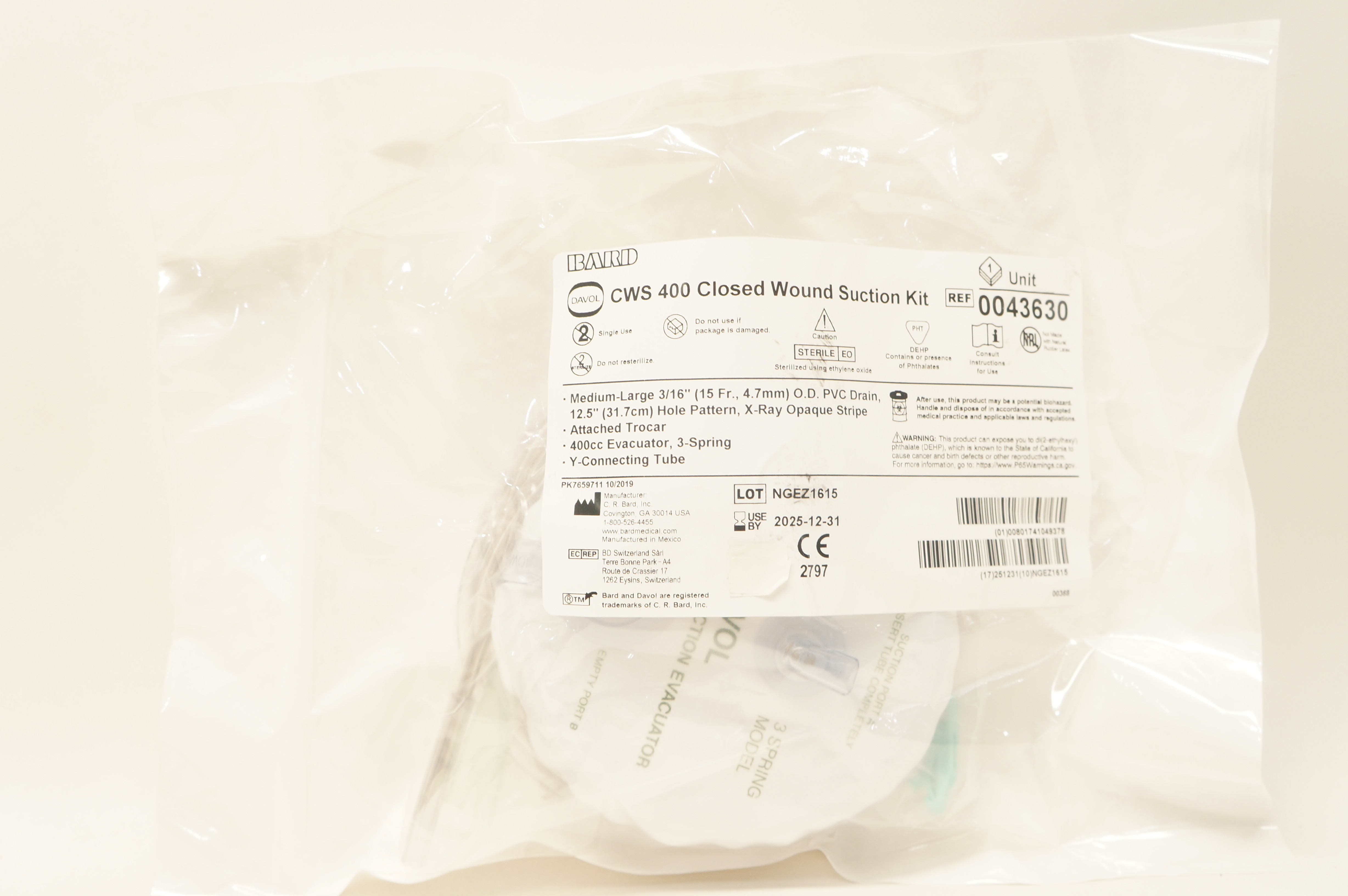 Bard 0043630 Davol CWS 400 Closed Wound Suction Kit