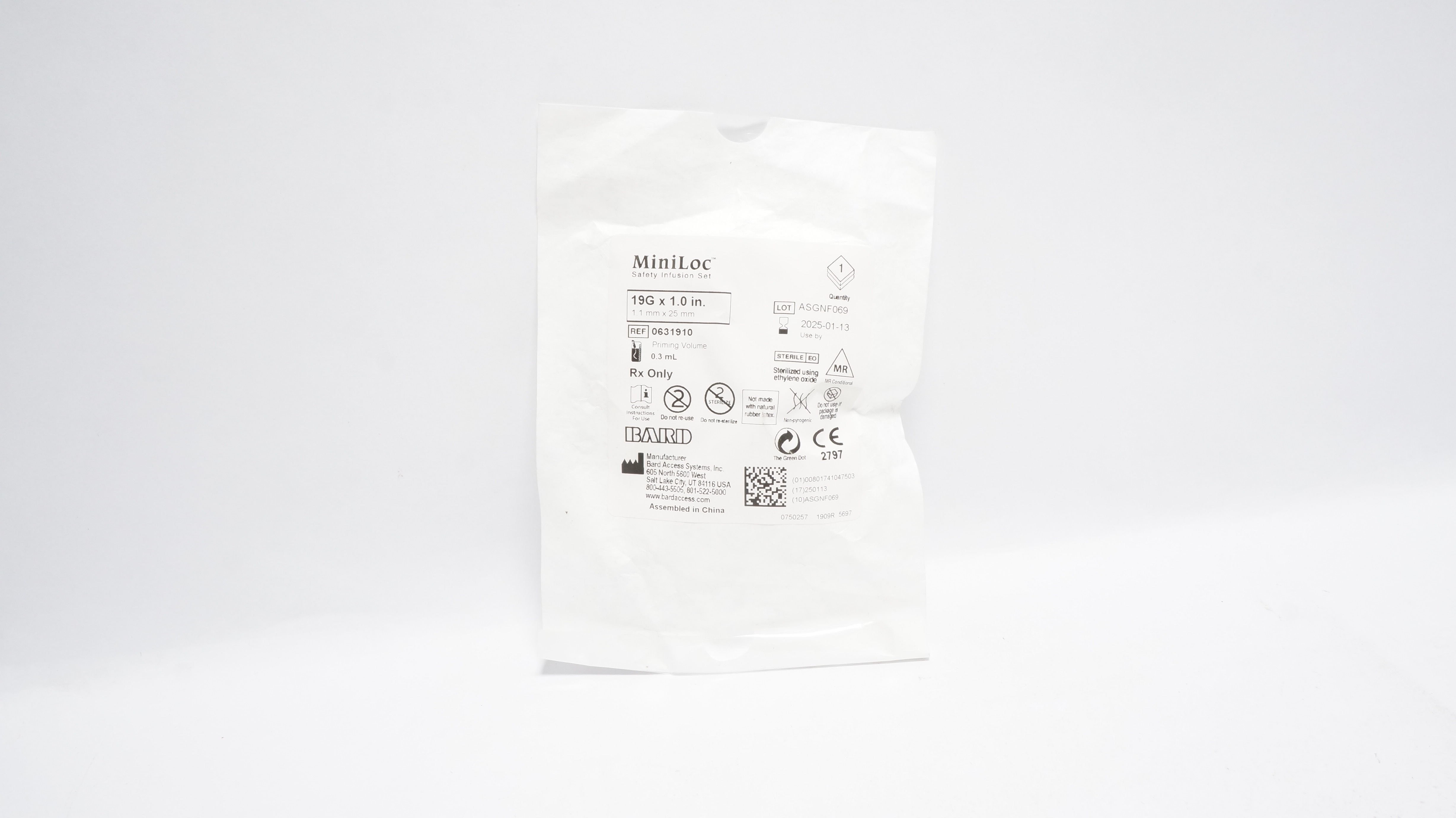 Bard 0631910 Miniloc Safety Infusion Set 19G x 1.0inch Priming Volume 0.3mL (x)