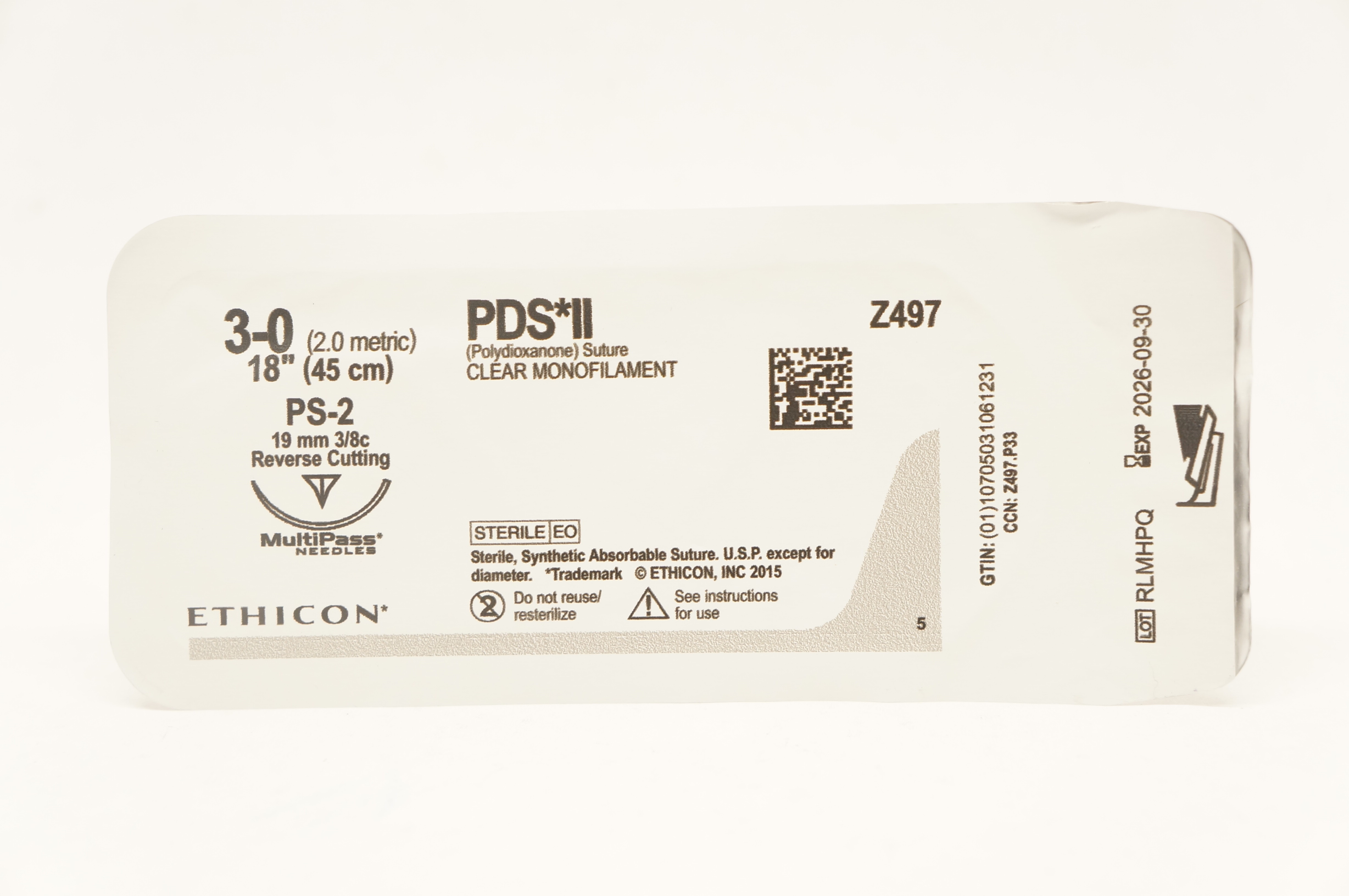 Ethicon Z497 3-0 PDS II, PS-2, 19mm 3/8c Reverse Cutting, 18inch