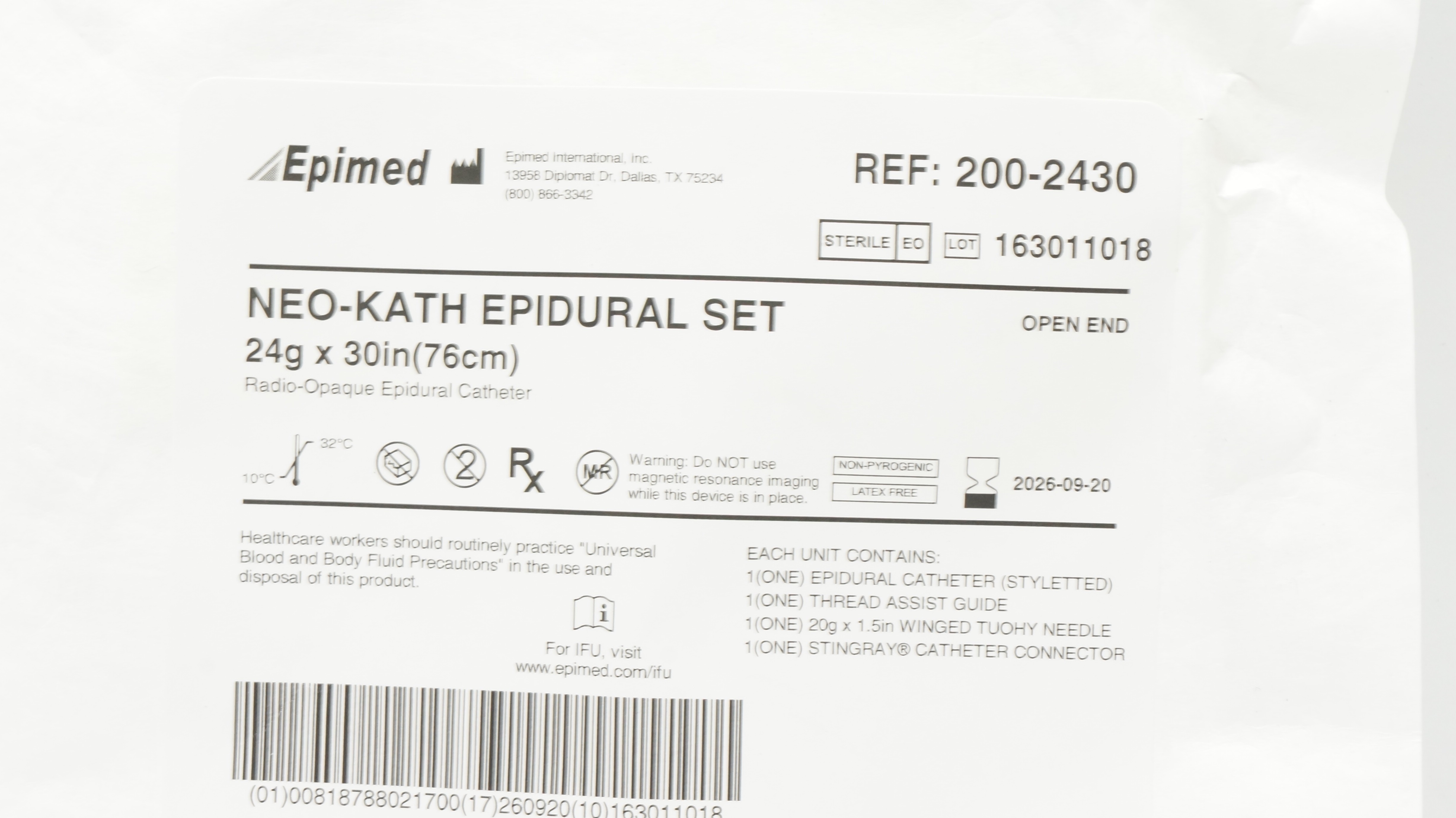 Epimed 200-2430 Neo-Kath Epidural Cath. Set 24G x 30inch