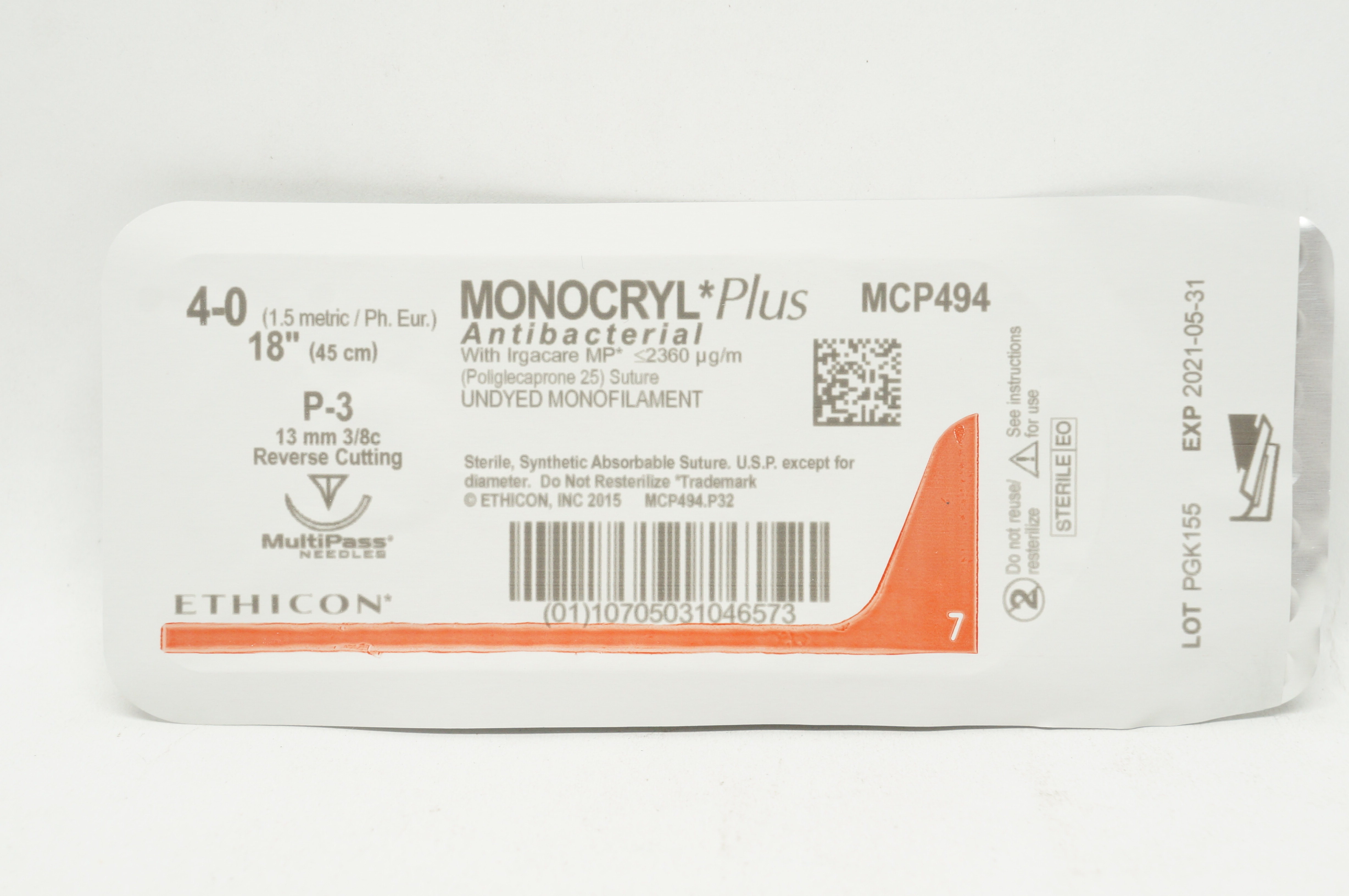 Ethicon MCP494 4-0 MONOCRYL Plus Stre P-3 13mm 3/8c Reverse Cutting, 18inch (x)