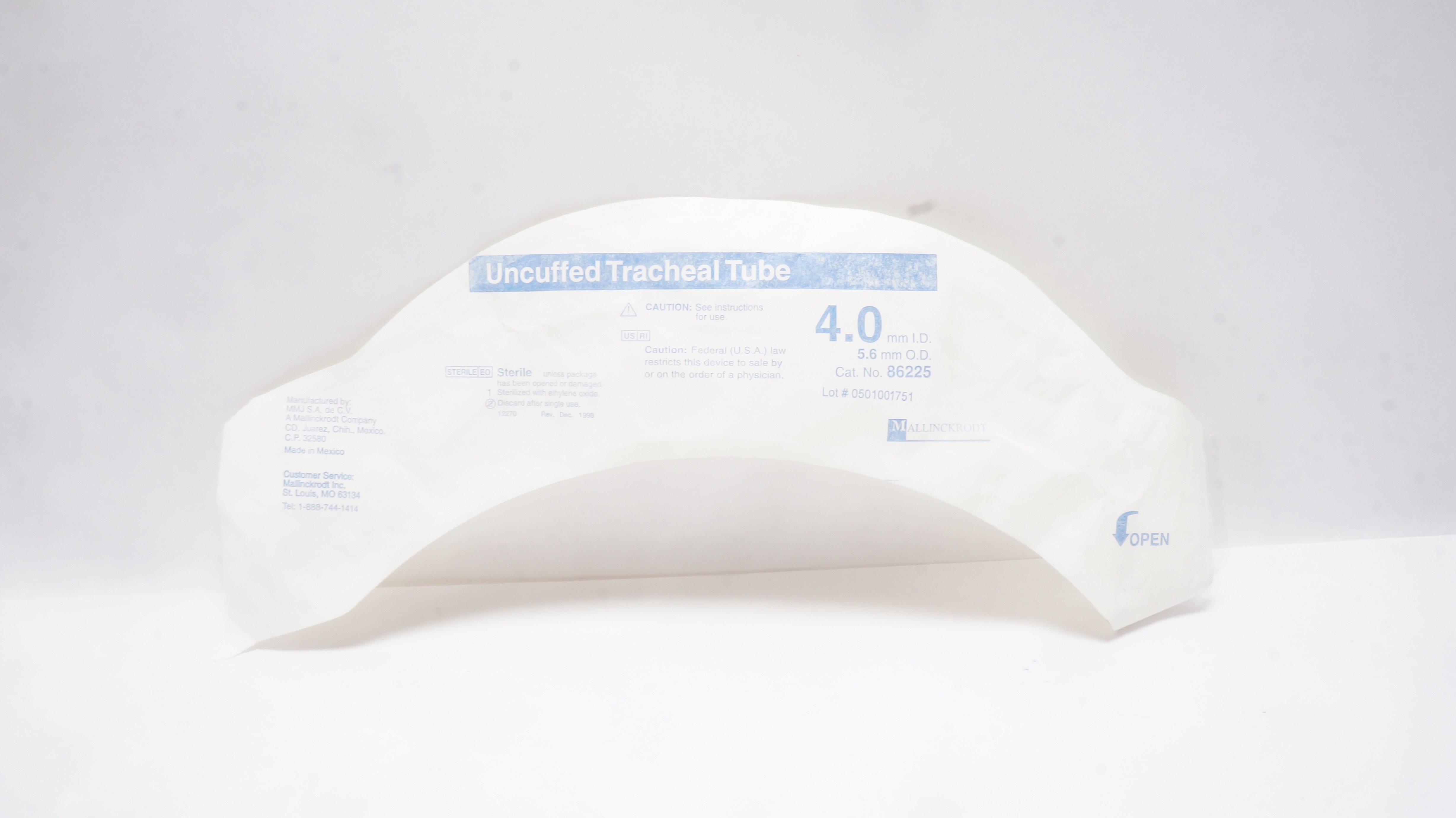 Mallinckrodt 86225 Uncuffed Tracheal Tube 4.0mm I.D. x 5.6mm O.D.