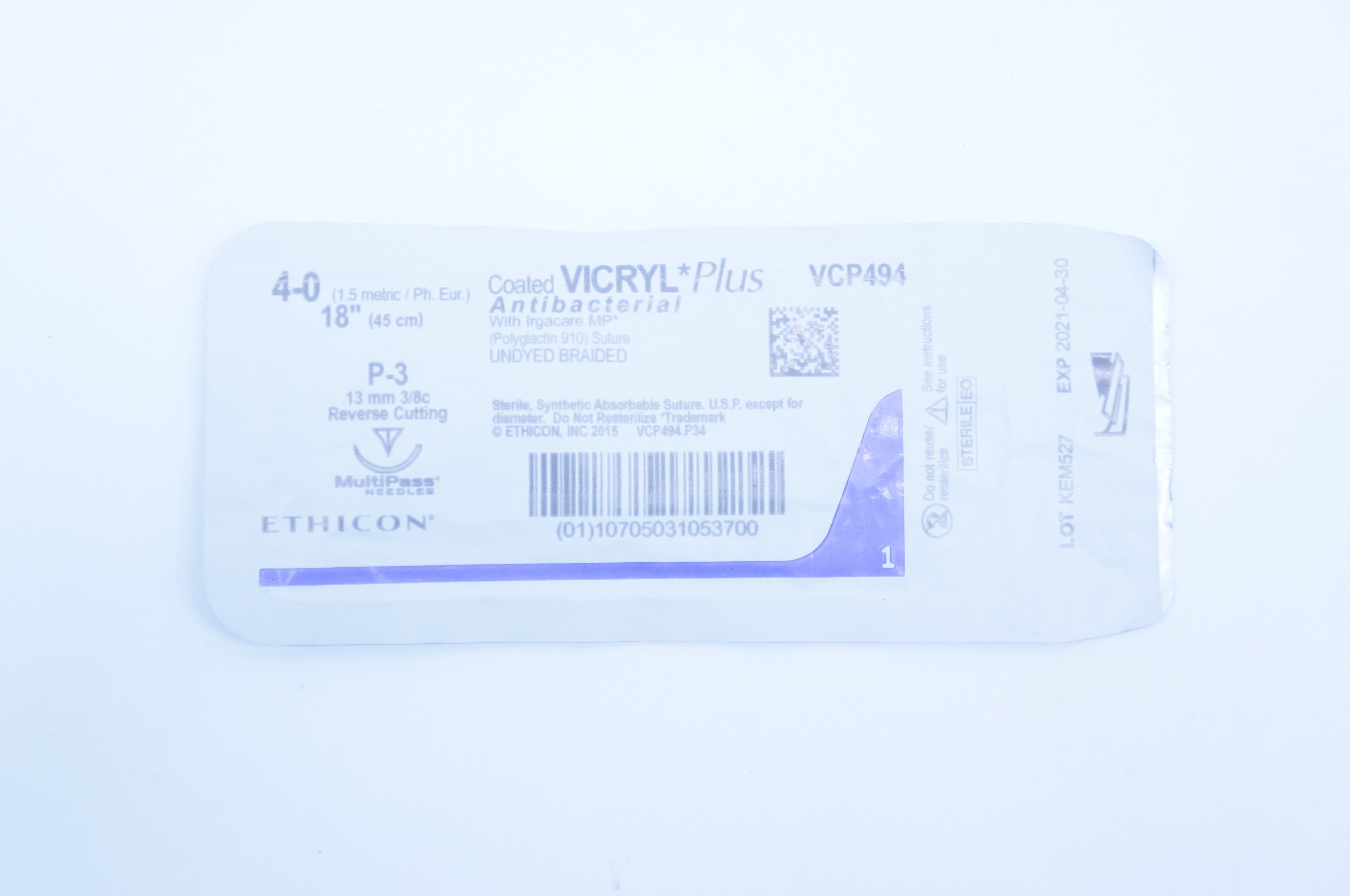Ethicon VCP494 4-0 Vicryl Polyglactin Stre P-3 13mm 3/8c Reverse Cutting, 18inch