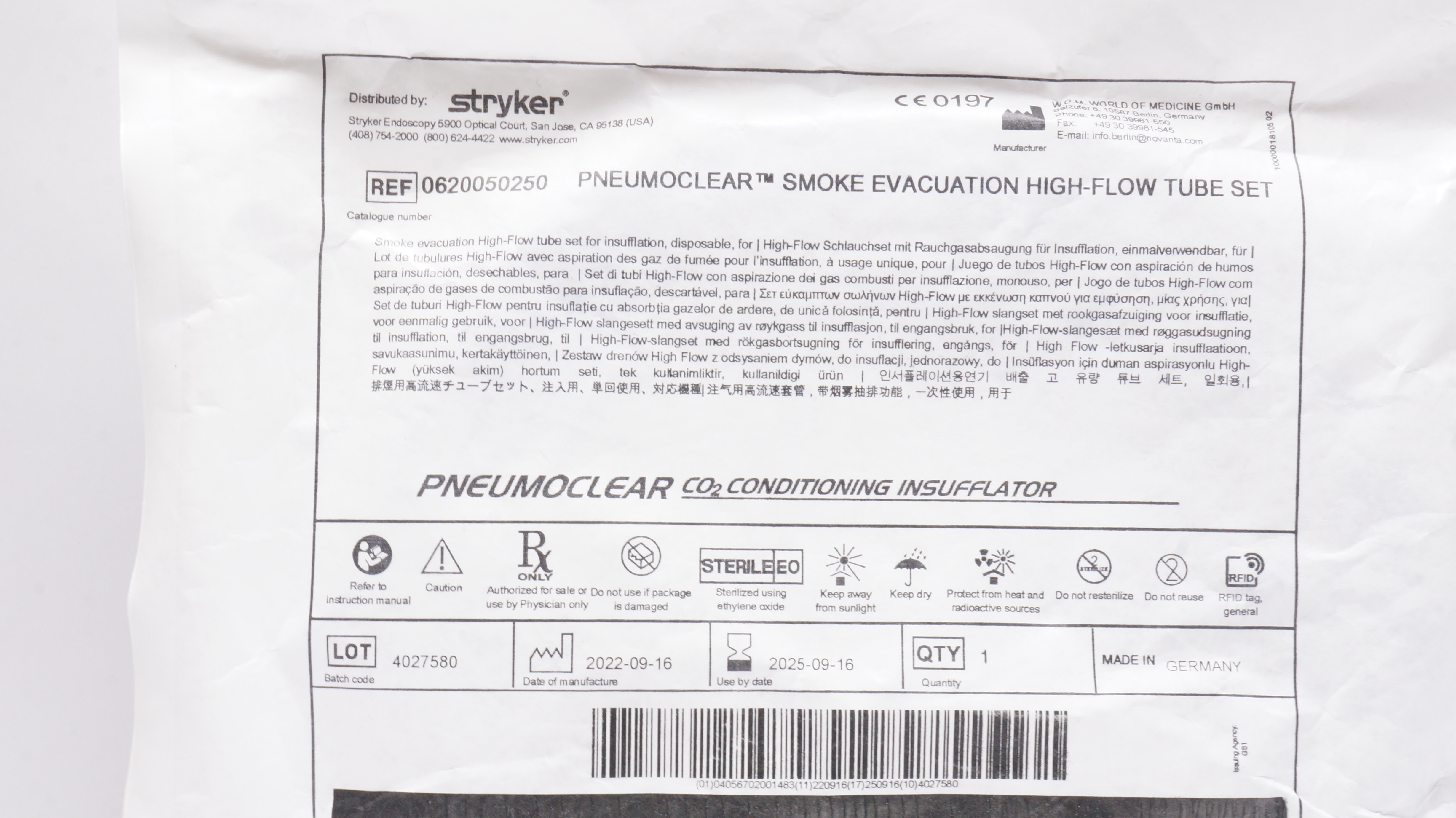 Stryker 0620050250 Pneumoclear Smoke Evacuation High-Flow Tube Set