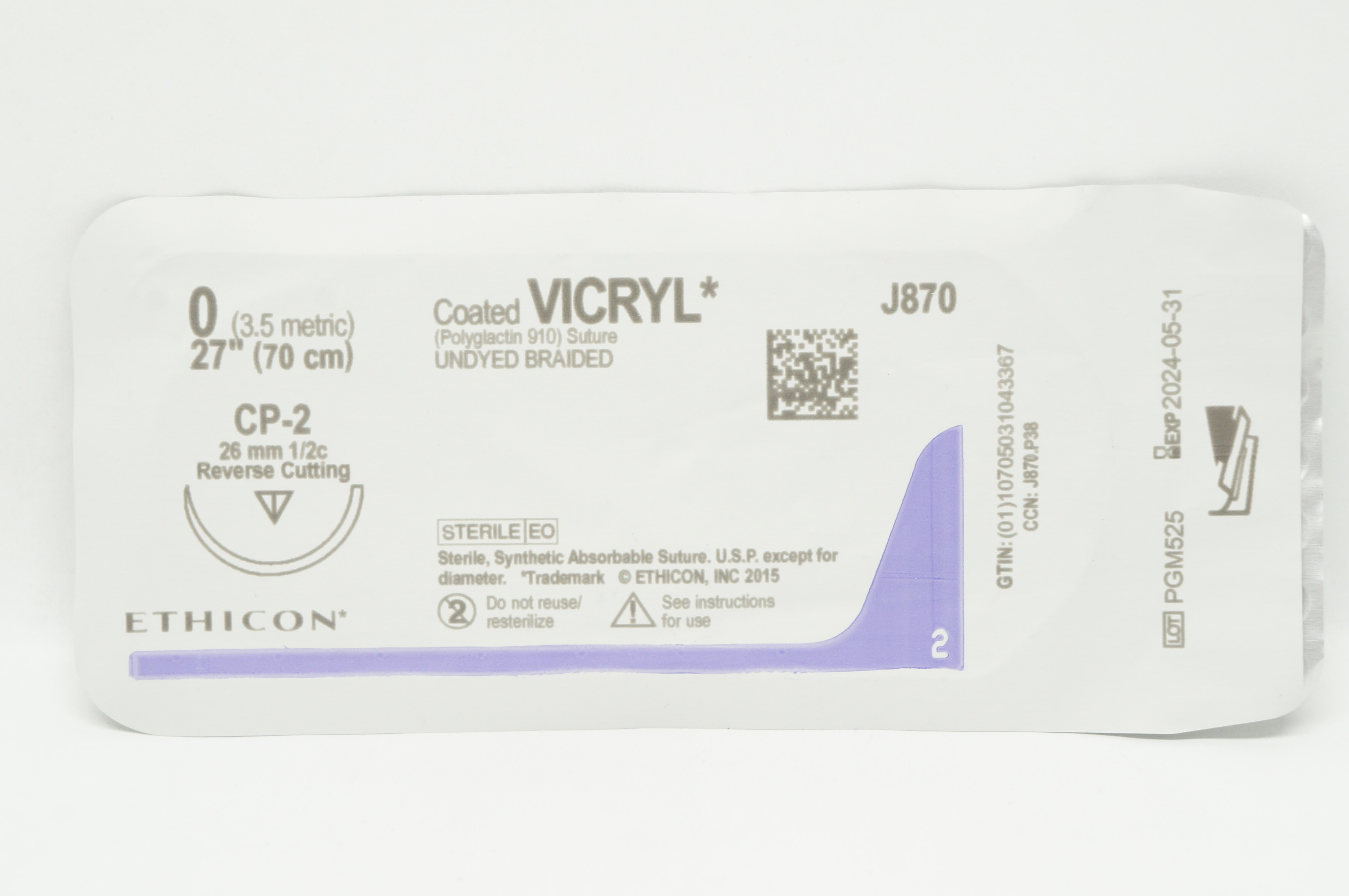 Ethicon J870 0 Coated VICRYL Stre CP-2 26mm 1/2c Reverse Cutting, 27inch