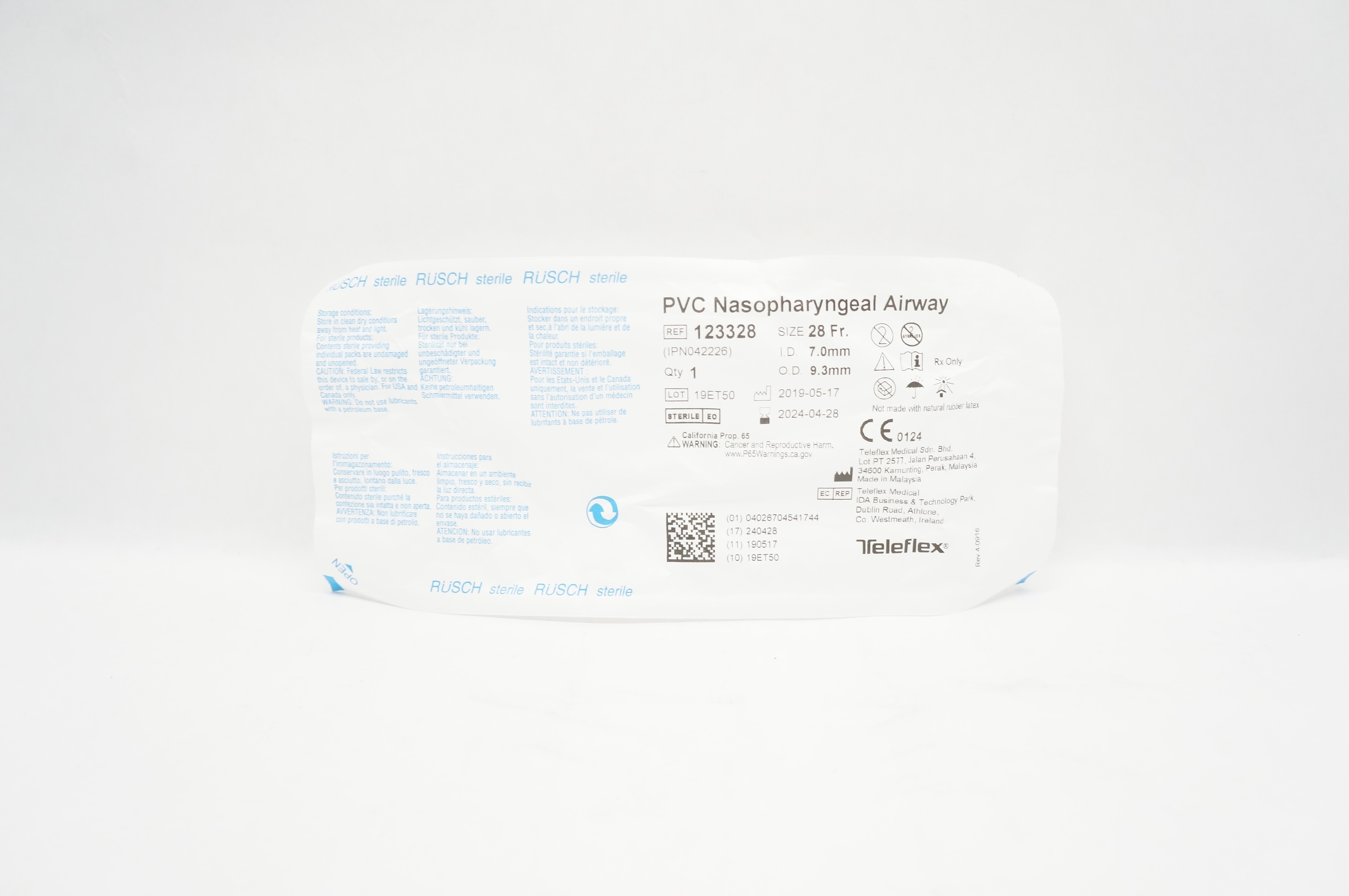 Teleflex 123328 Rusch PVC Nasopharyngeal Airway 28Fr. x ID 7.0mm x OD 9.3mm