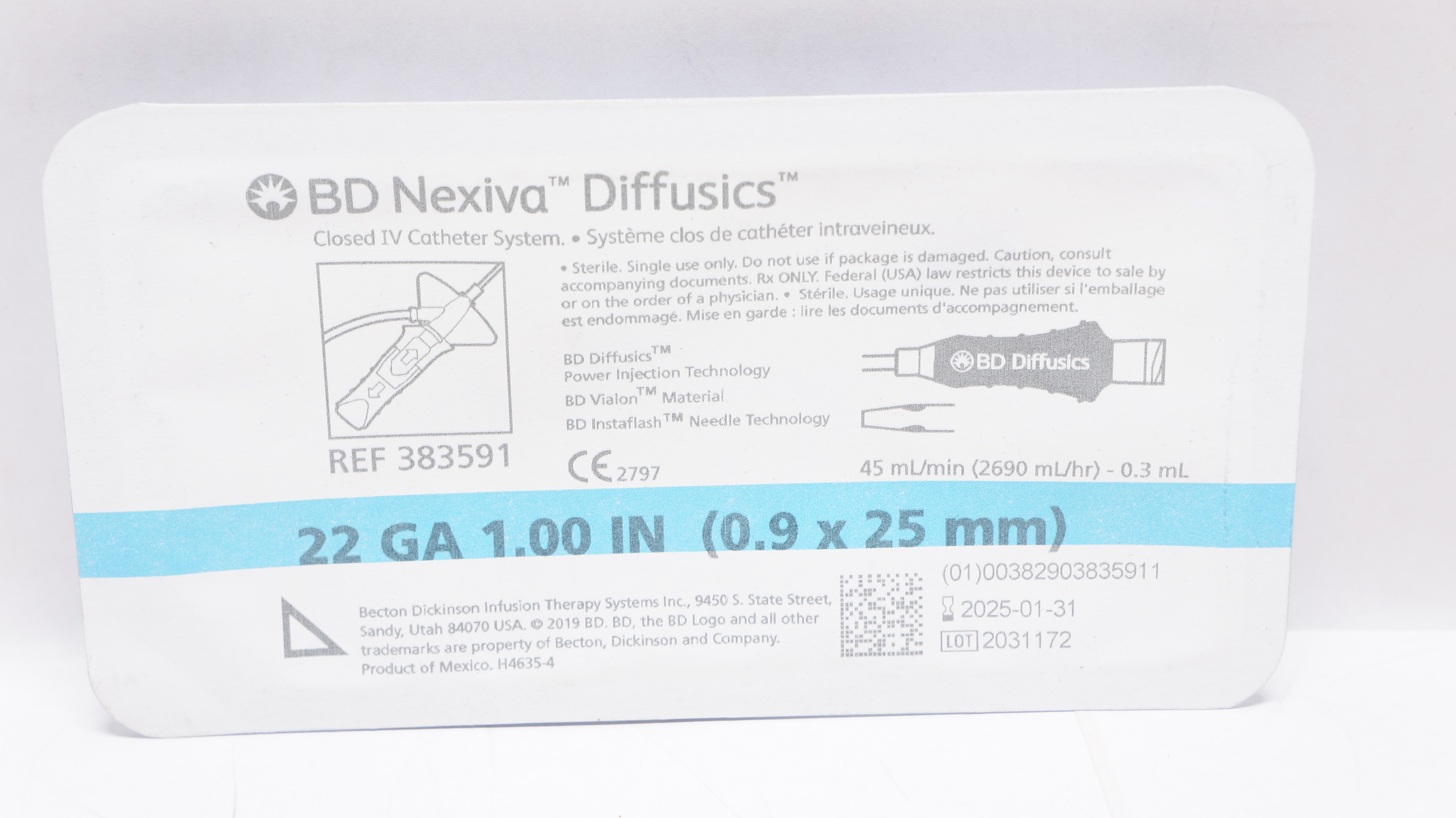 BD 383591 Nexiva Diffusics Closed IV Cath. System 22Ga x 1.00inch 45mL/min