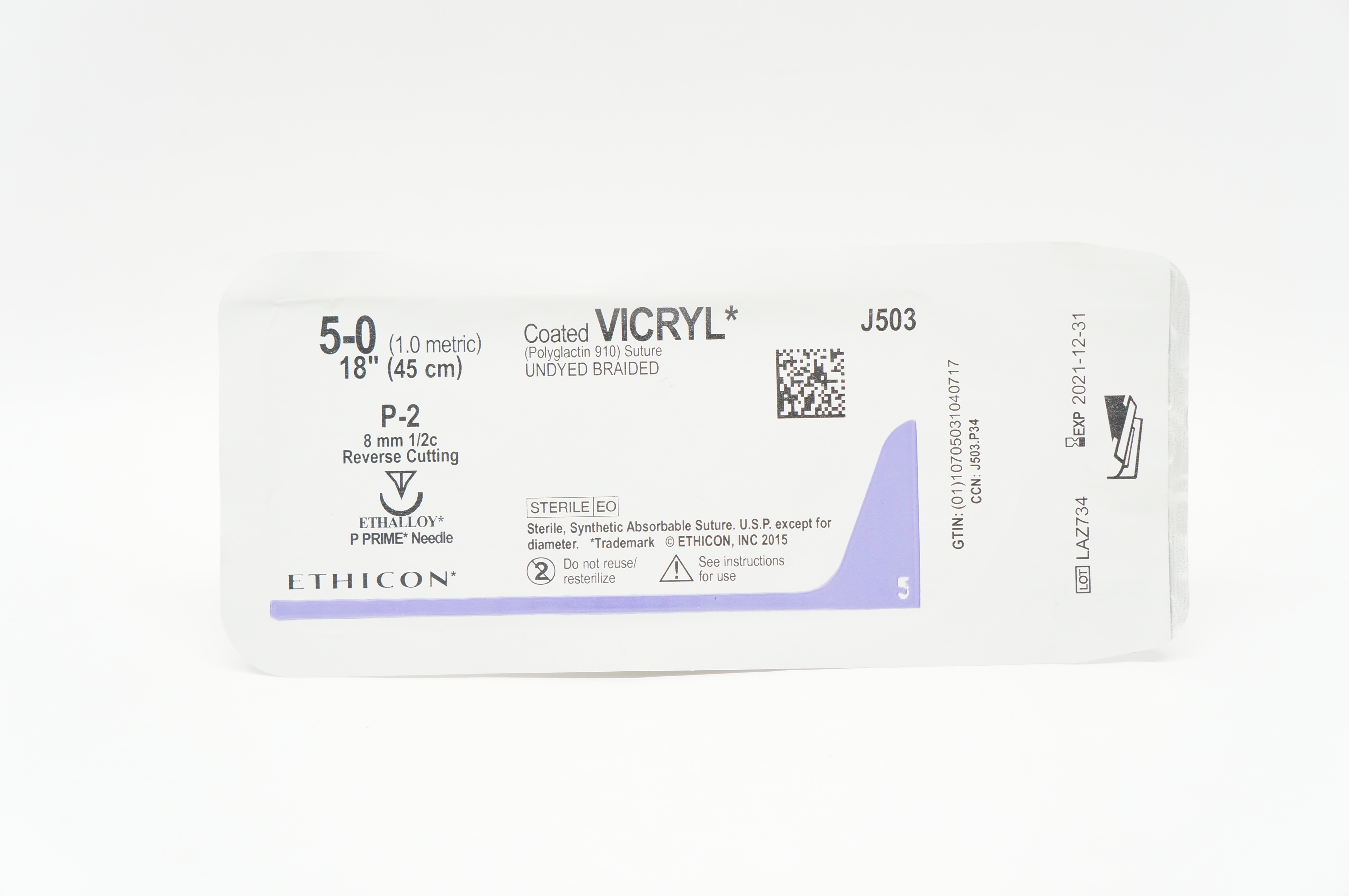 Ethicon J503 5-0 VICRYL P-2 8mm 1/2c Reverse Cutting 18inch (x)