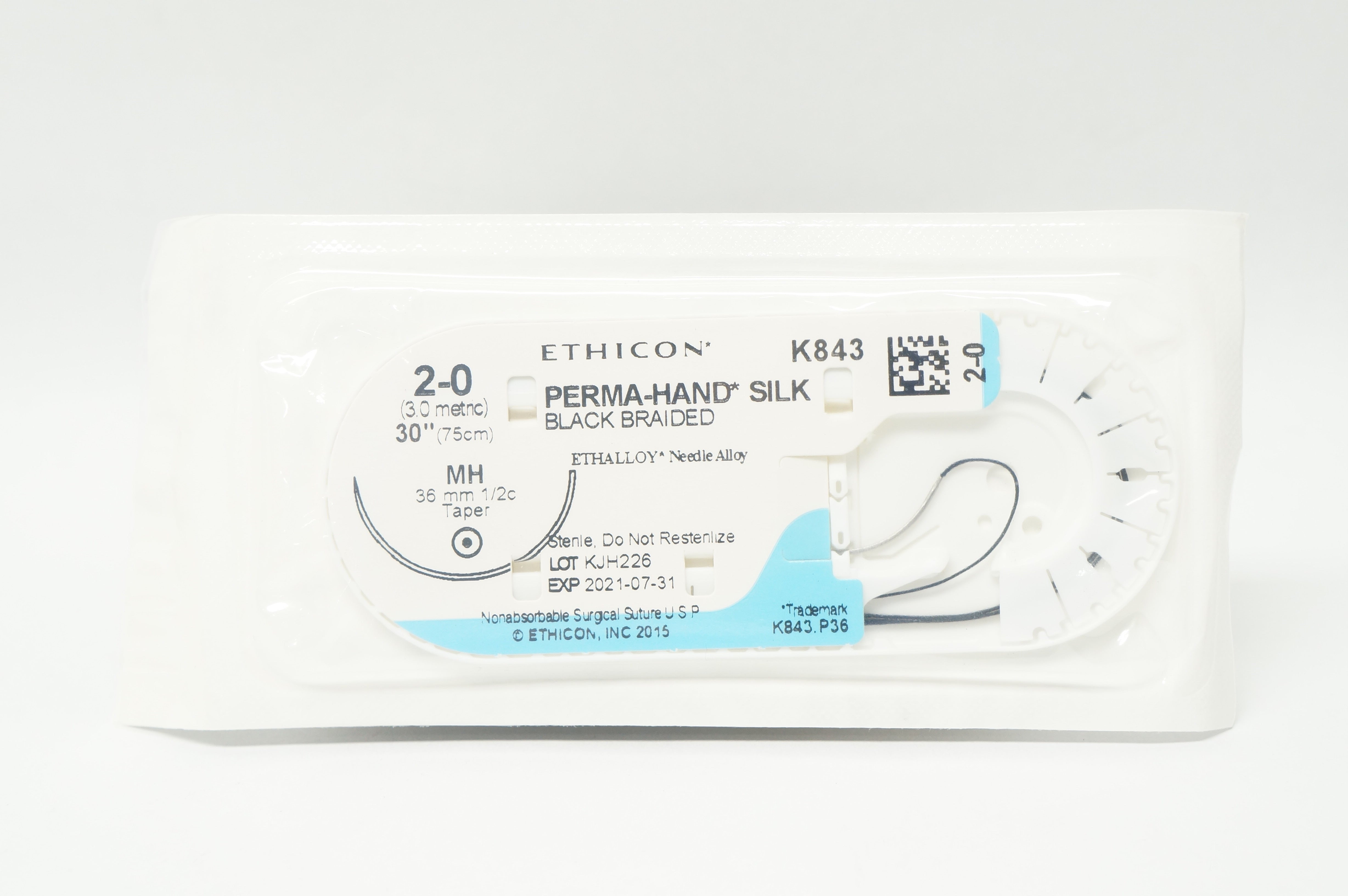 Ethicon K843 2-0 Perma-Hand Silk Stre MH 36mm 1/2c Taper 30 inch (x)