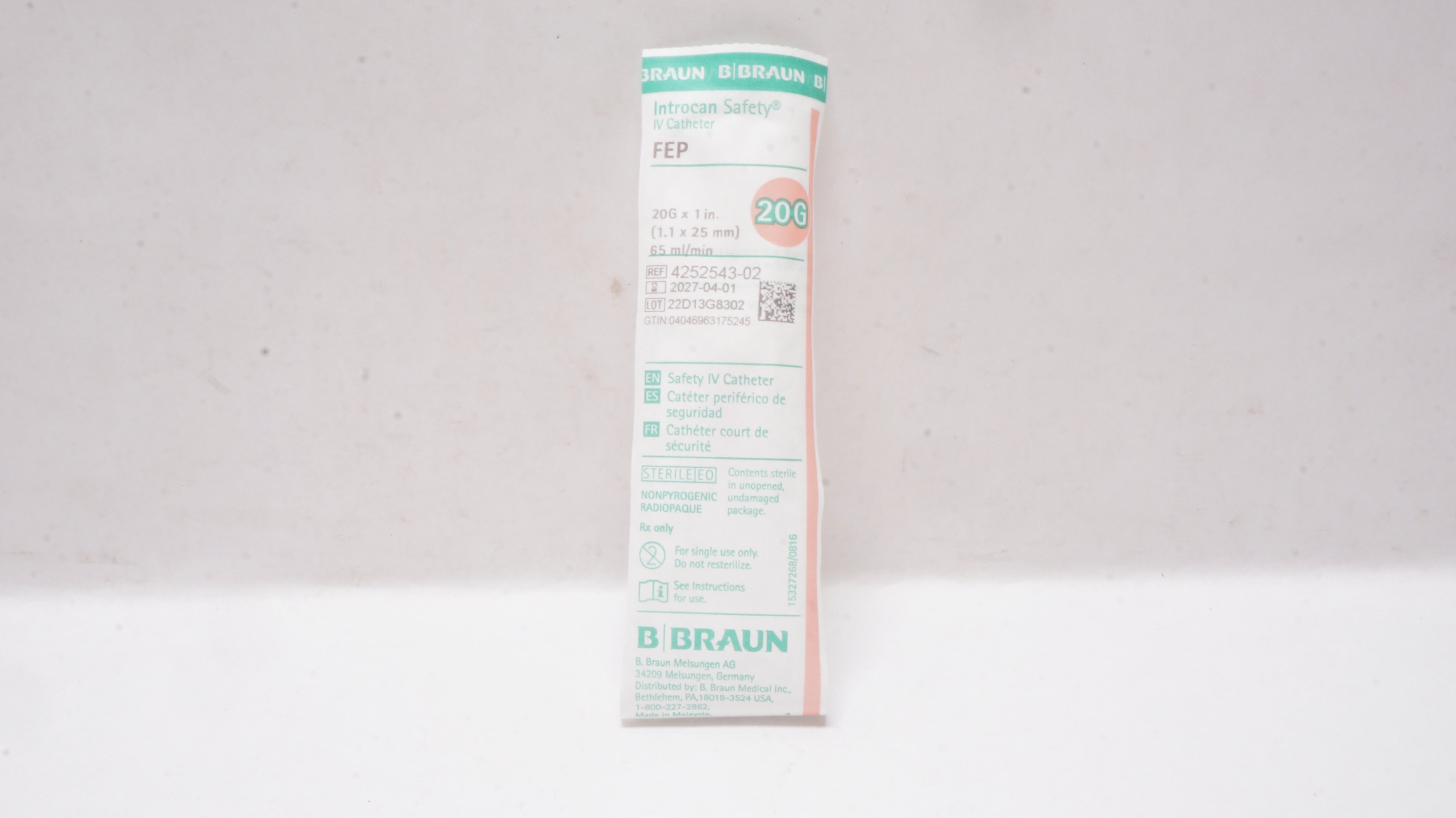 Braun 4252543-02 Introcan Safety IV Cath. 20G x1inch 65ml/min