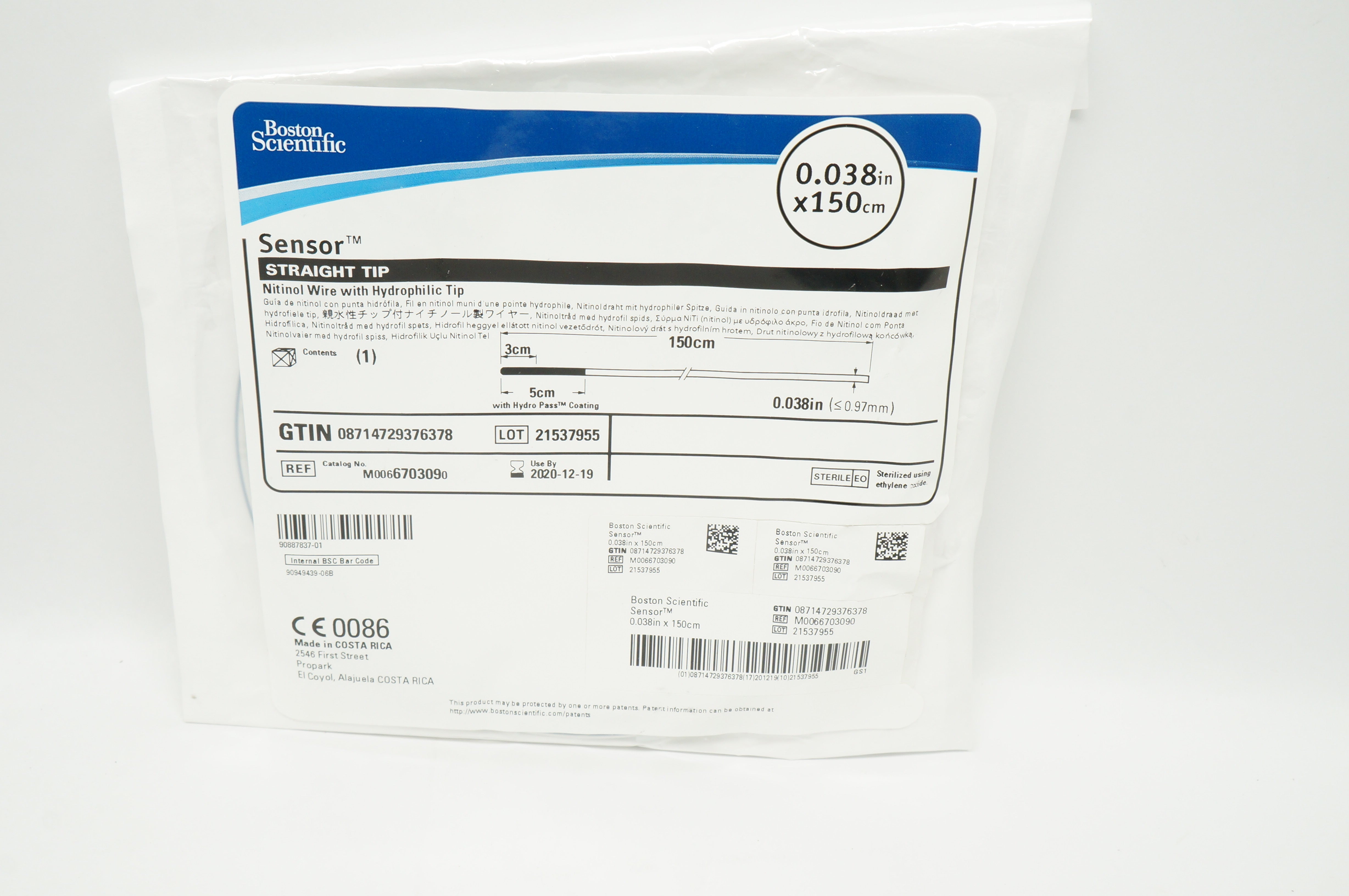 BostonScientific 670309 Sensor Nitinol Wire W/Hydrophilic Tip 0.038inchx150cm(x)