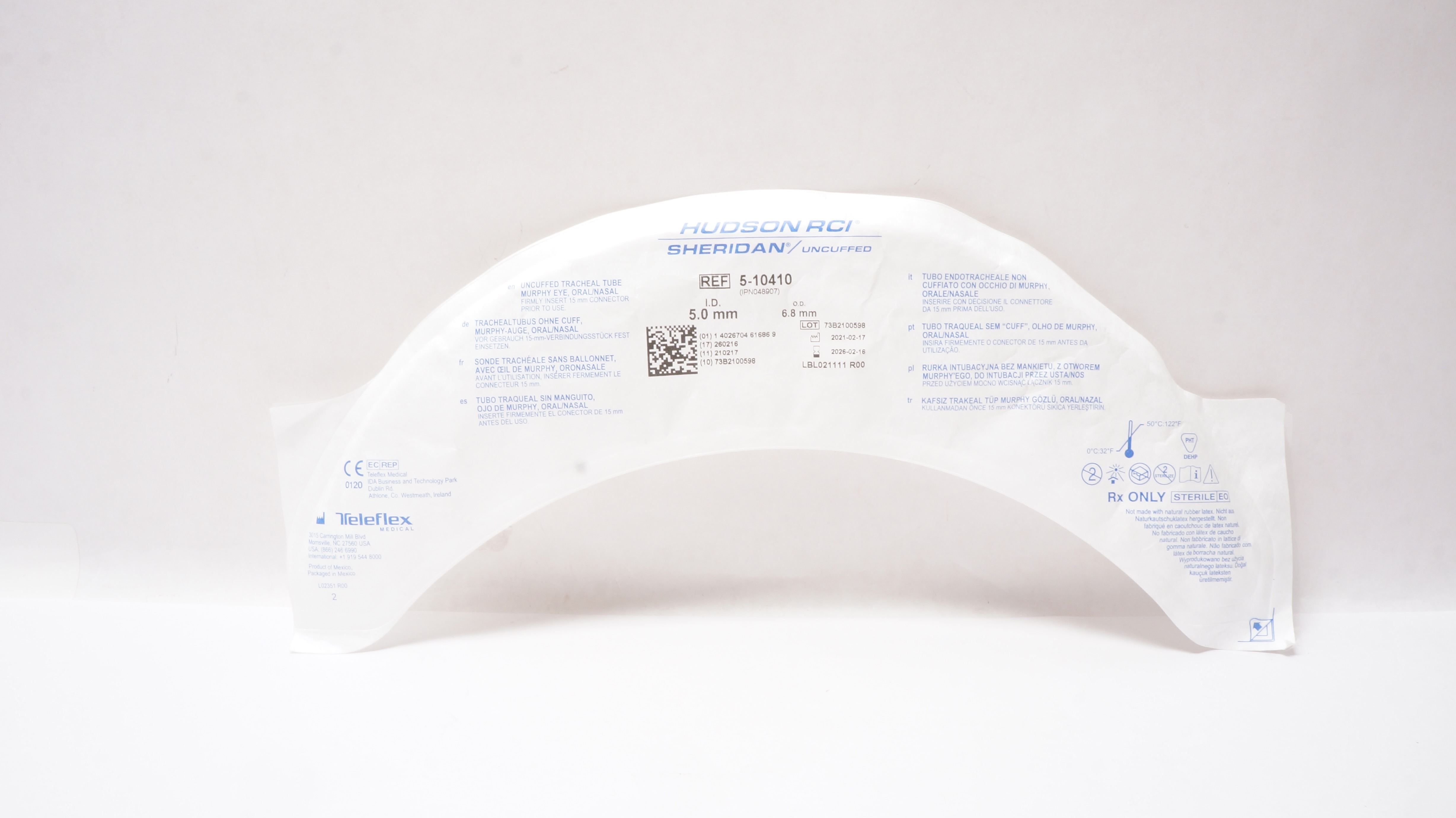 Teleflex 5-10410 Hudson RCI Sheridan Uncuffed Tube Endotracheal 5.0ID x 6.8mmOD