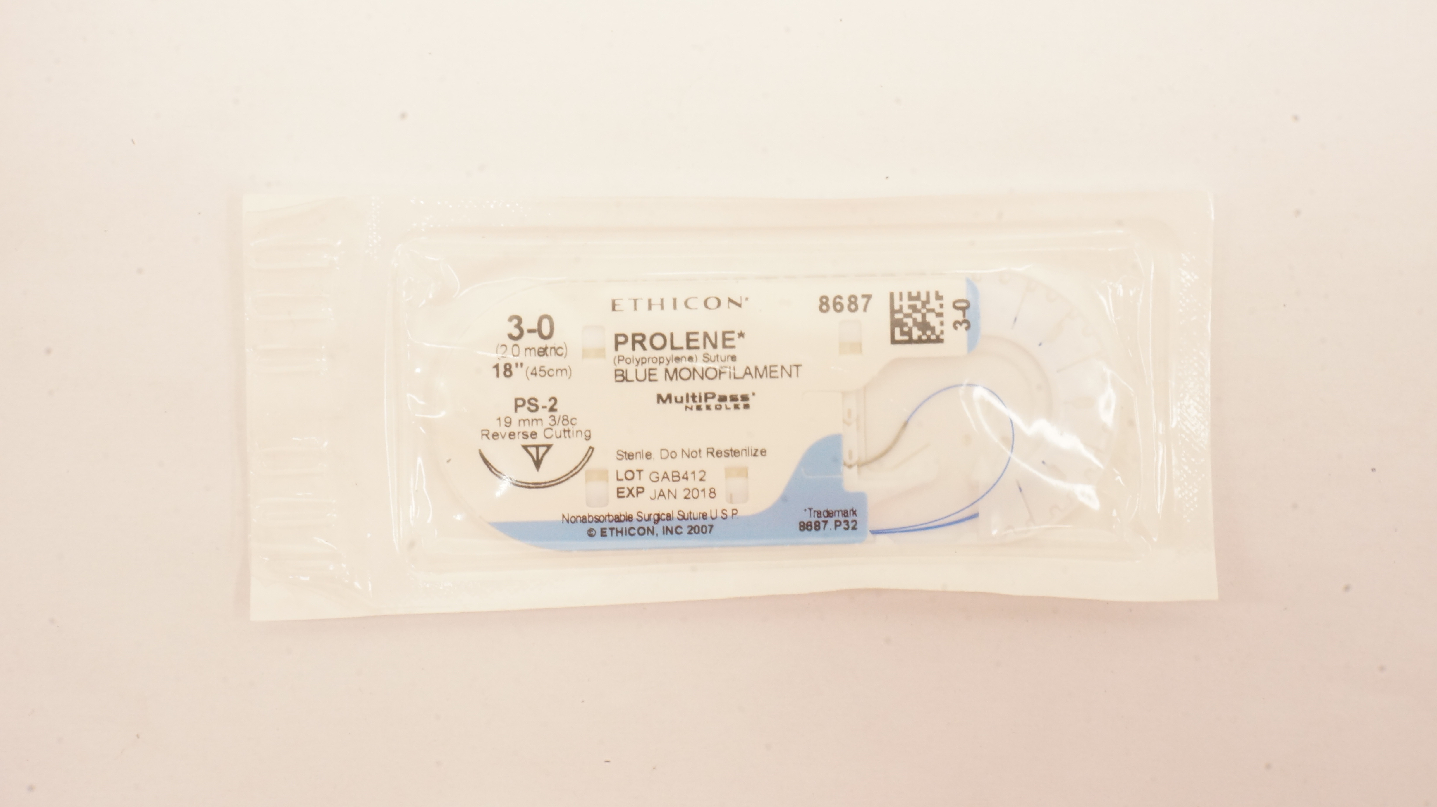 Ethicon 8687 3-0 PROLENE, PS-2, 19mm 3/8c Reverse Cutting, 18inch (x)