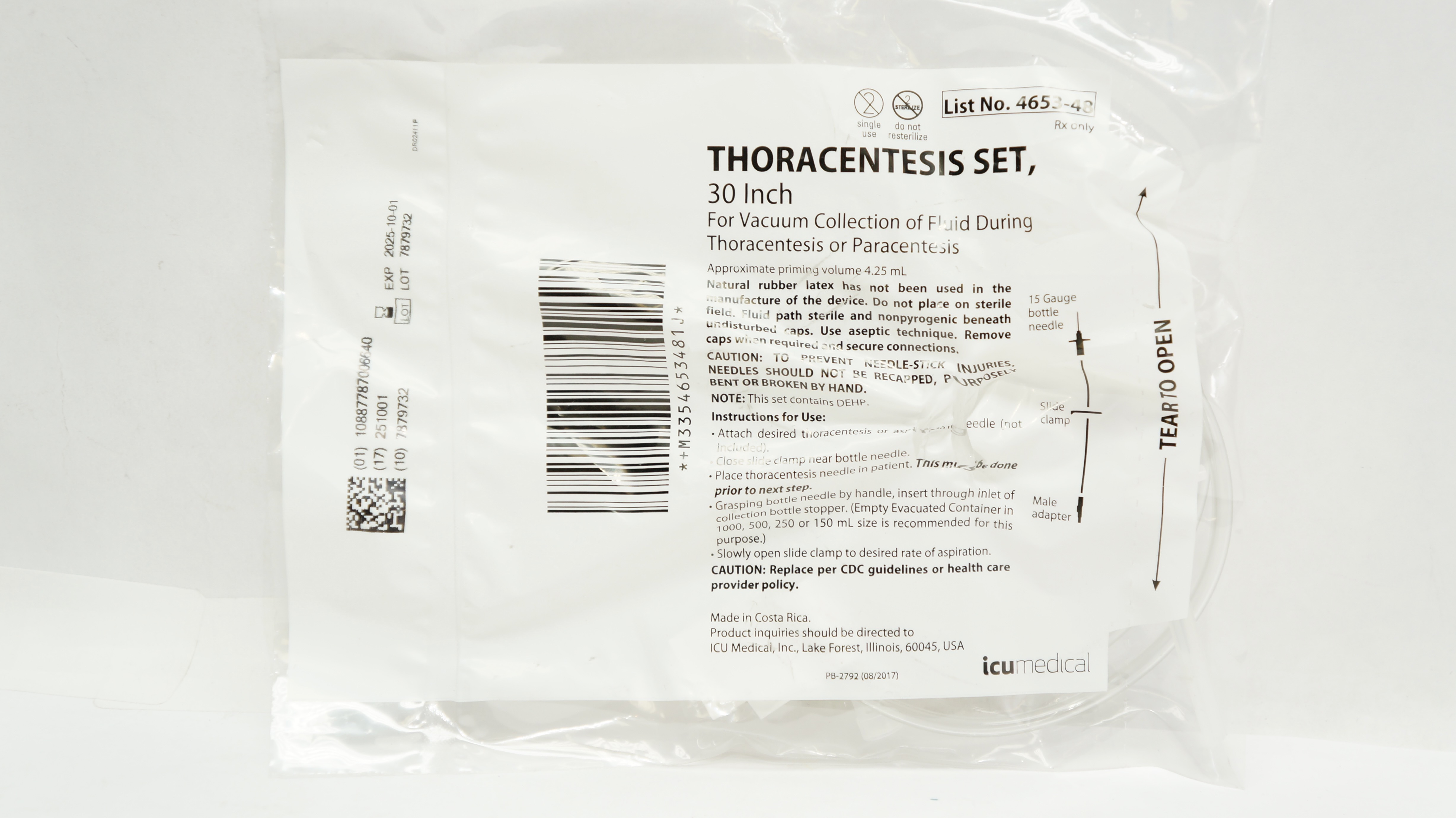 ICU Medical 4653-48 Thoracentesis Set 30inch Approx. Priming Volume 4.25mL