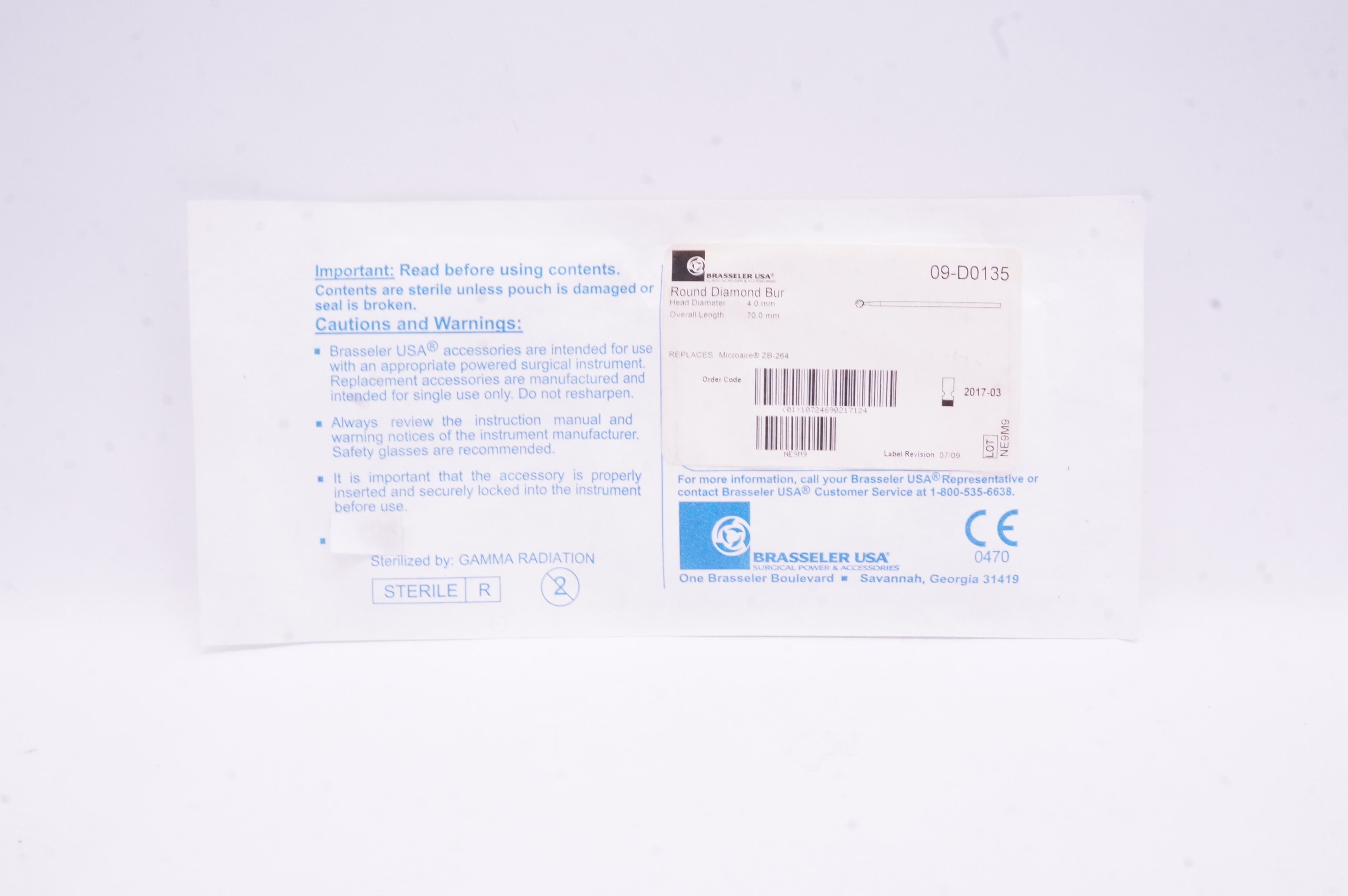 Brasseler 09-D0135 Round Diamond Bur 4.0 mm x 70.0 mm (x)