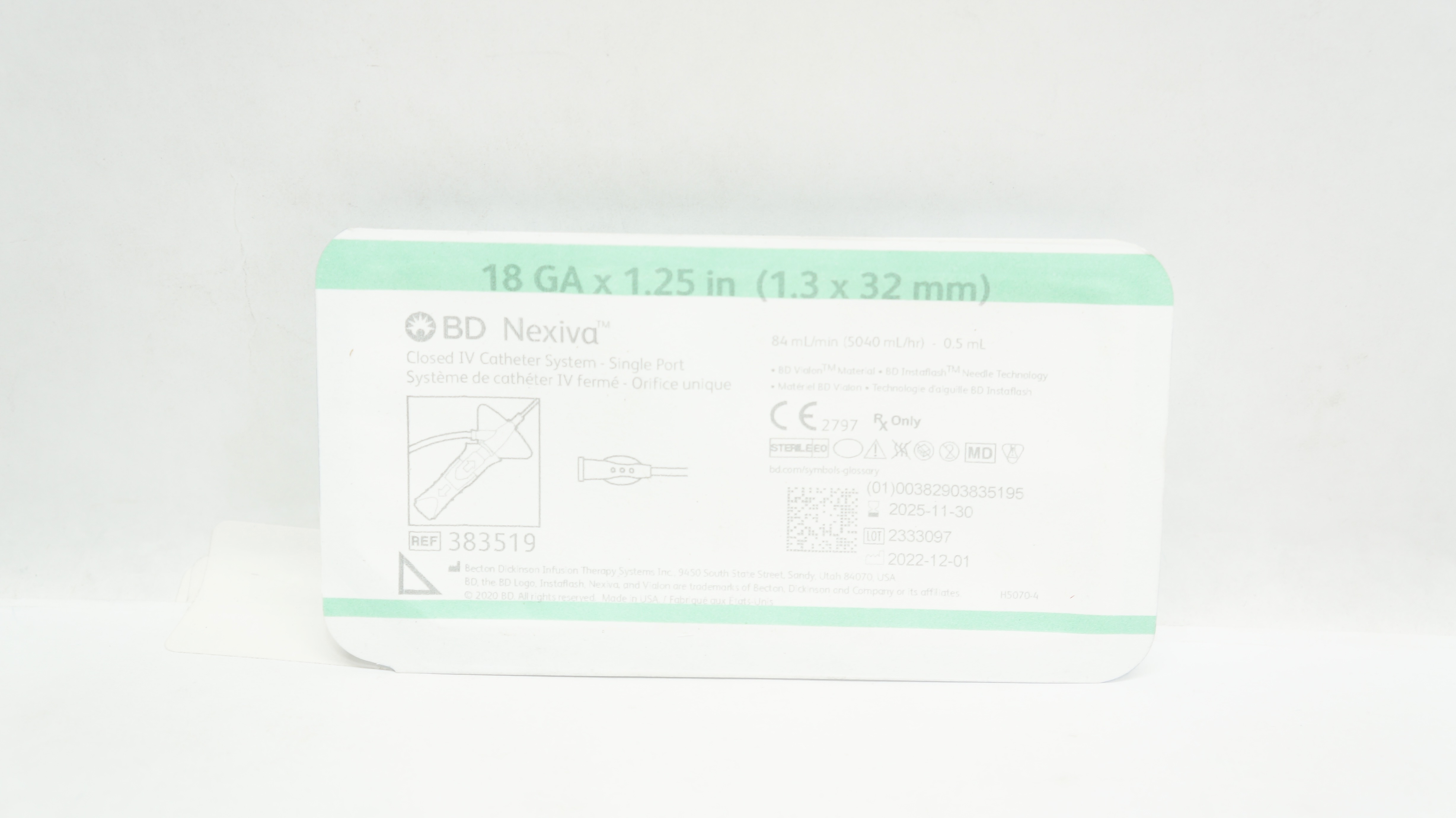 BD 383519 Nexiva Closed IV Cath. System - Single Port 18Ga x 1.25inch 0.5mL