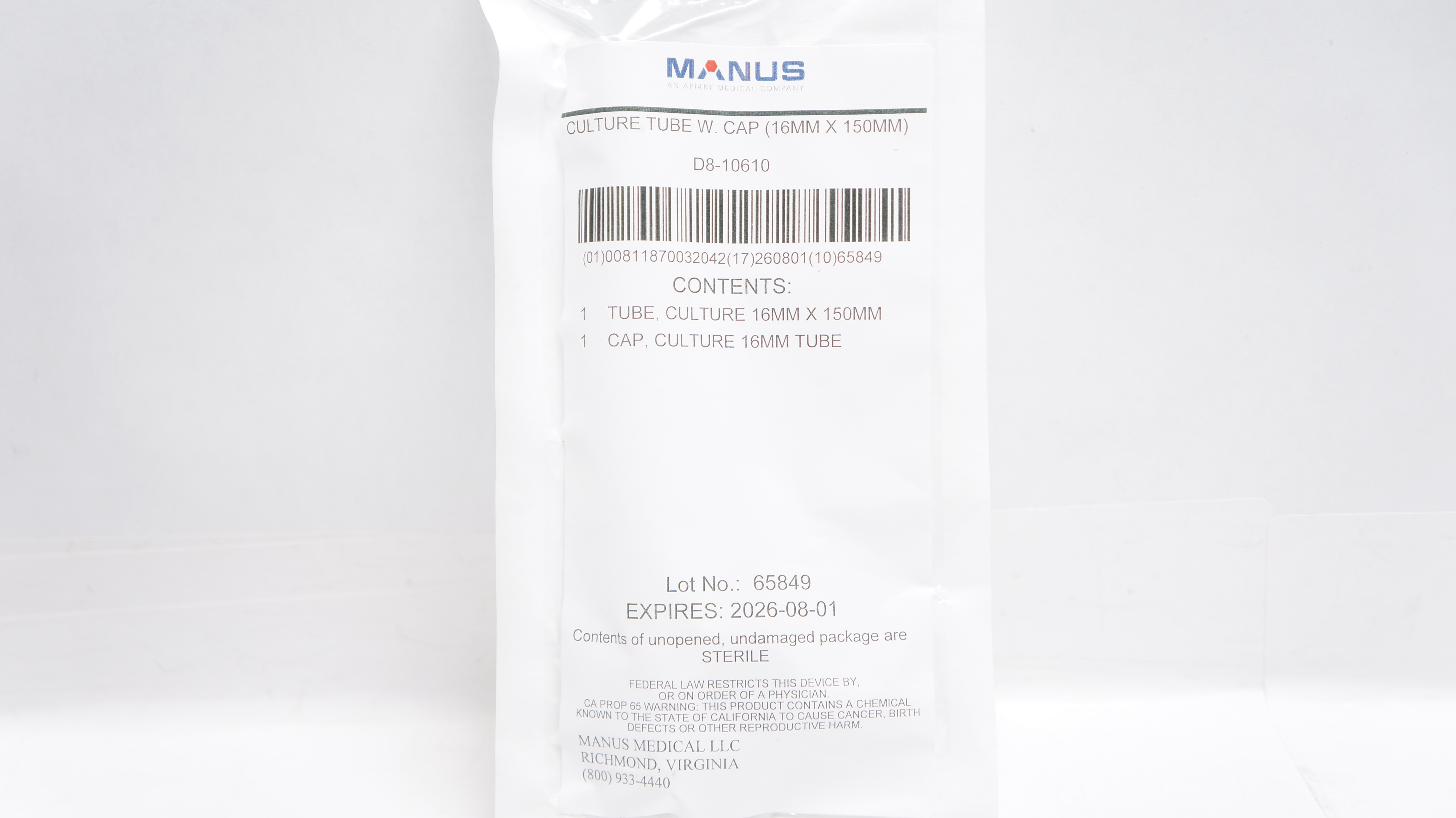 Manus Medical D8-10610 Culture Tube 16mm x 150mm W. Cap 16mm Tube