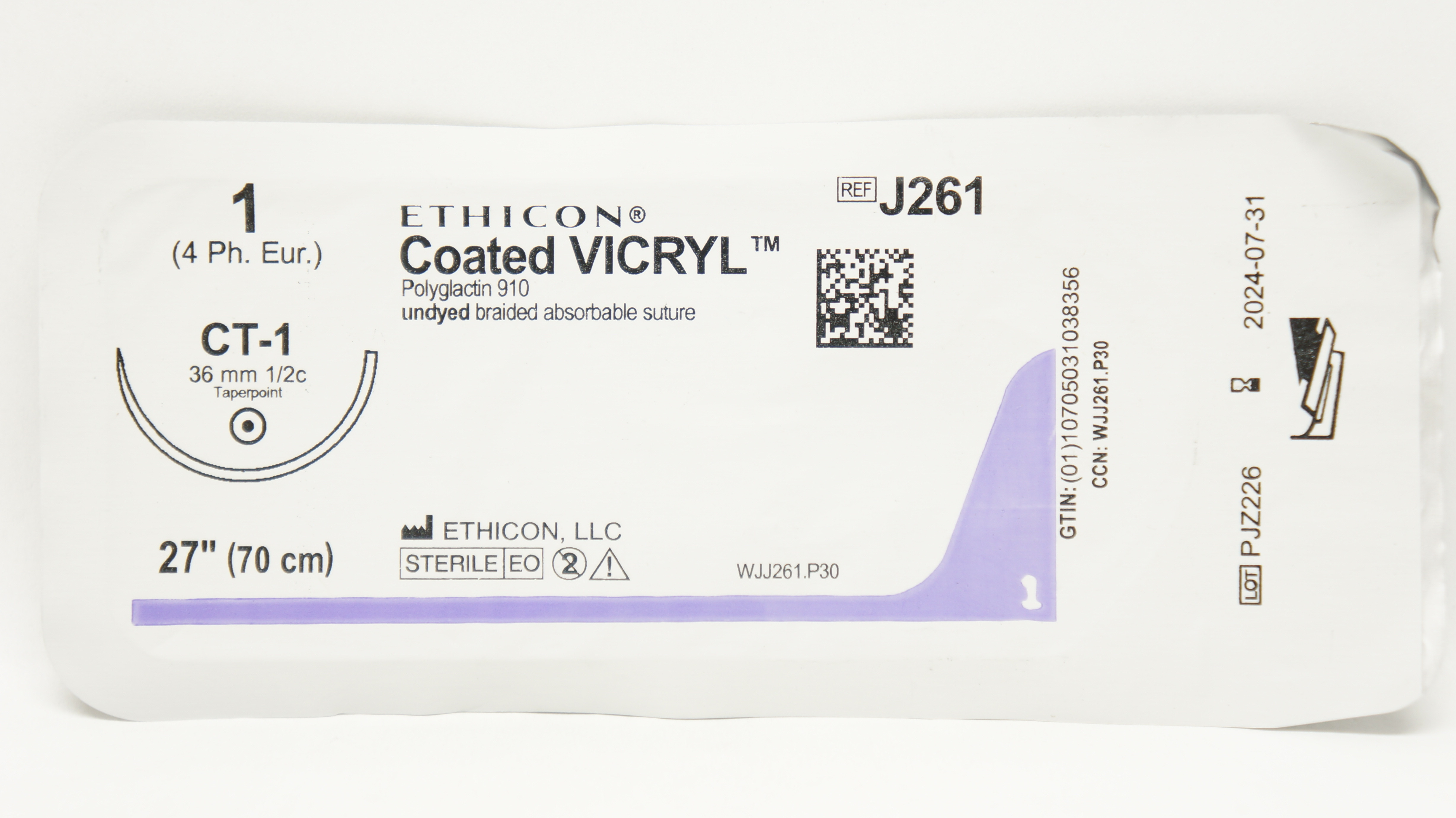 Ethicon J261 1 Coated VICRYL Stre, CT-1 36mm 1/2c Taperpoint, 27inch