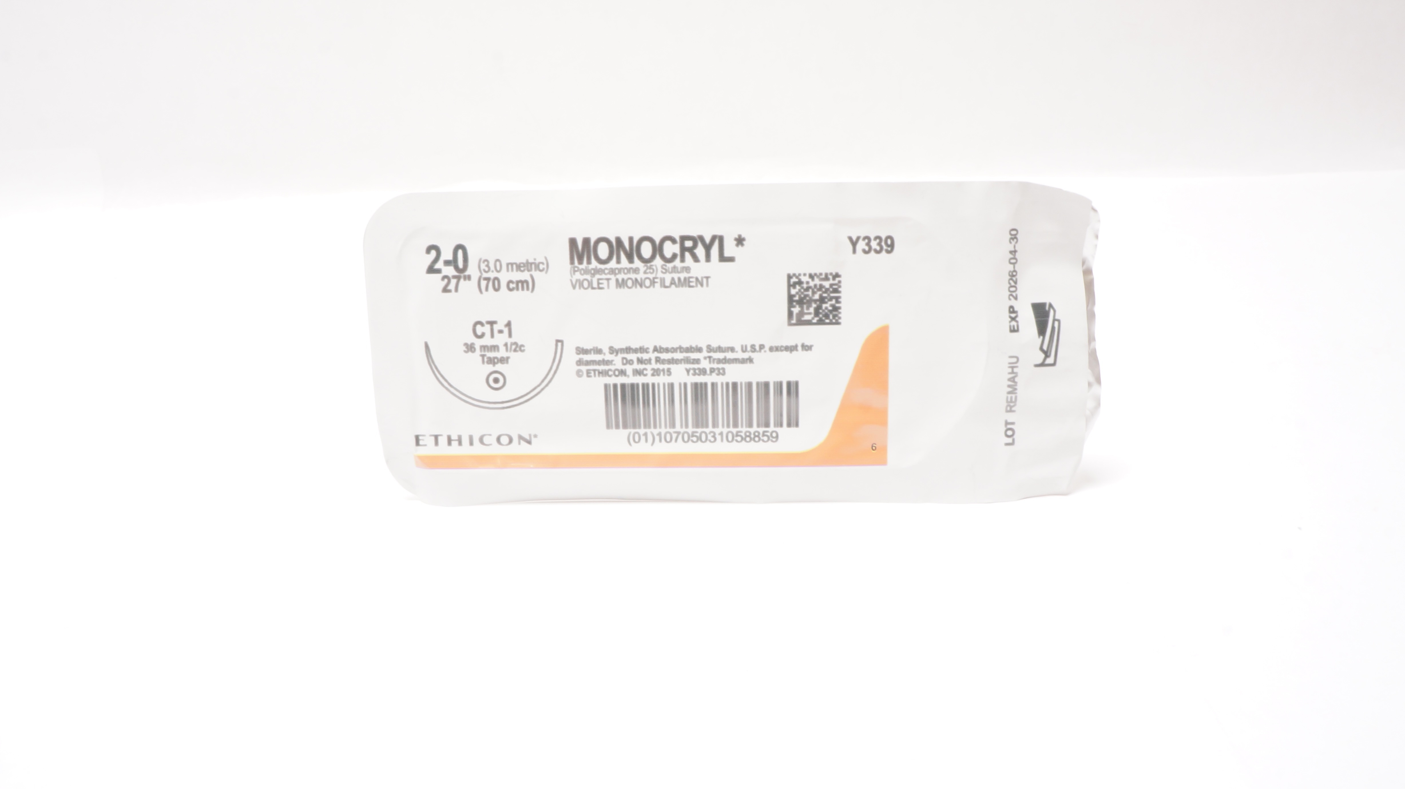 Ethicon Y339 2-0 MONOCRYL Poliglecaprone 25 Stre CT-1 36mm 1/2c Taper 27inch