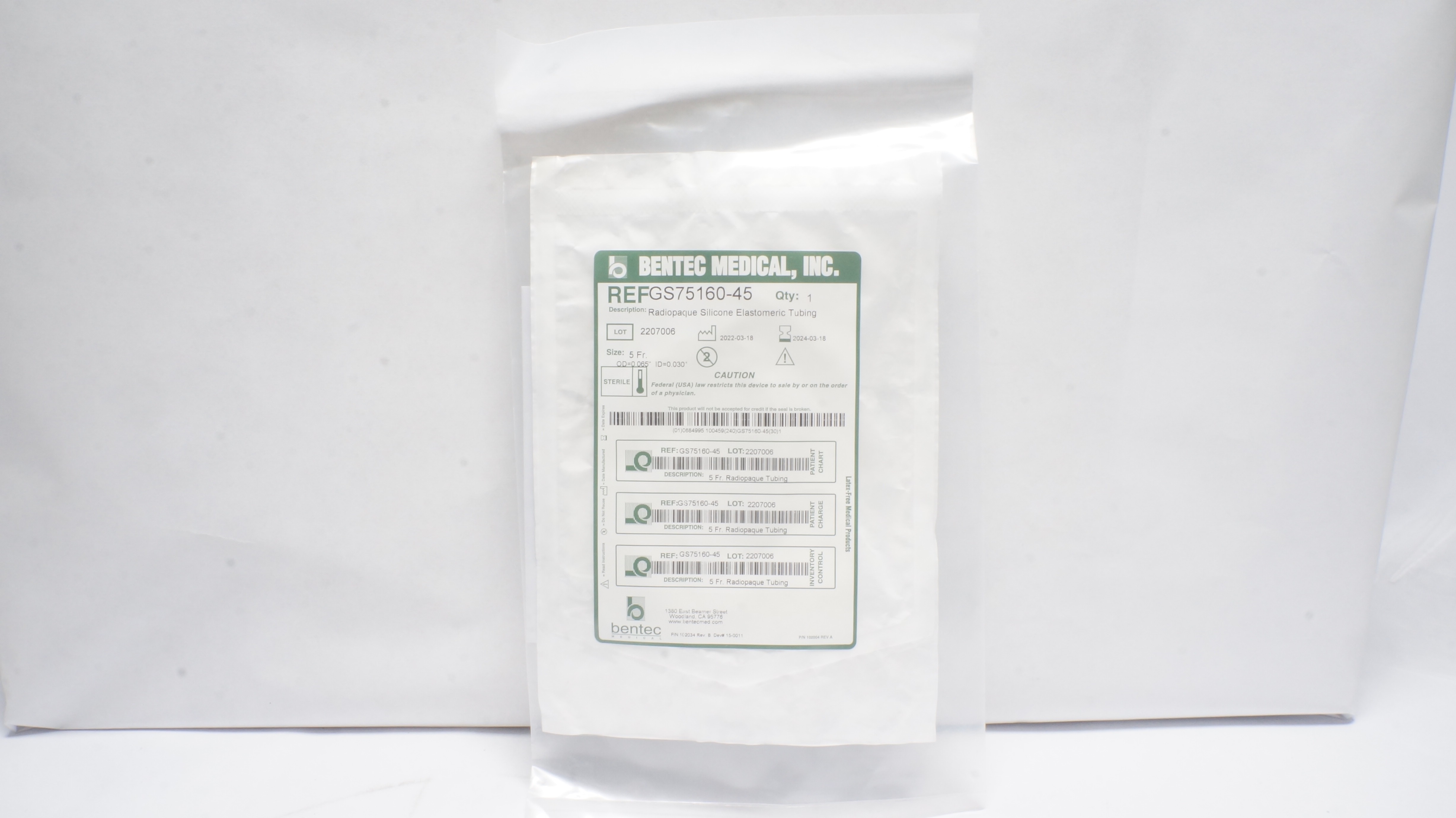 Bentec Medical GS75160-45 Silicone Radiopaque Elastomer Tubing 5Fr (x)
