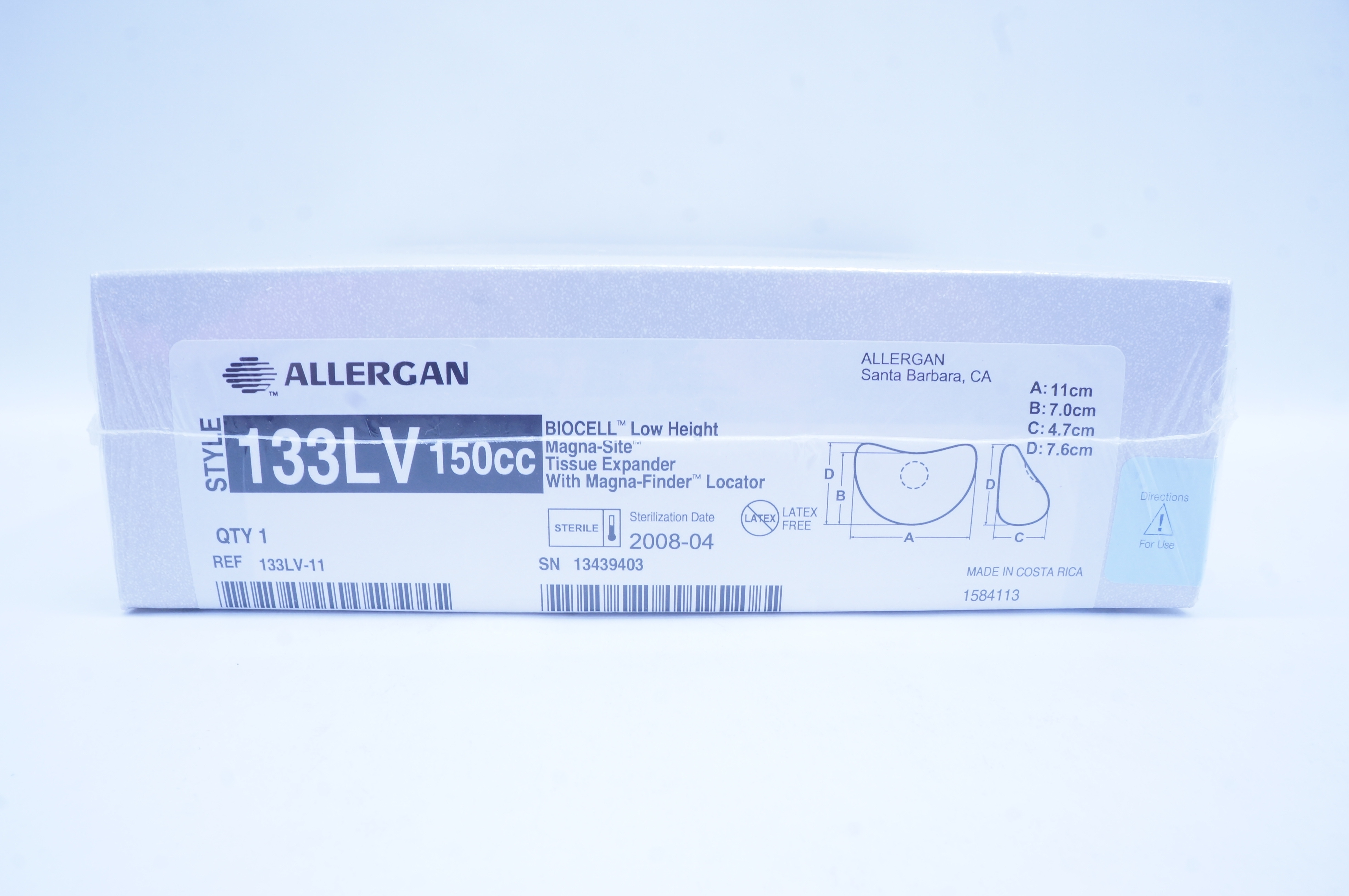 Allergan 133LV-11 Magna Site Tissue Expander 133LV 150cc  11 x 7.0 x 4.7 x 7.6cm