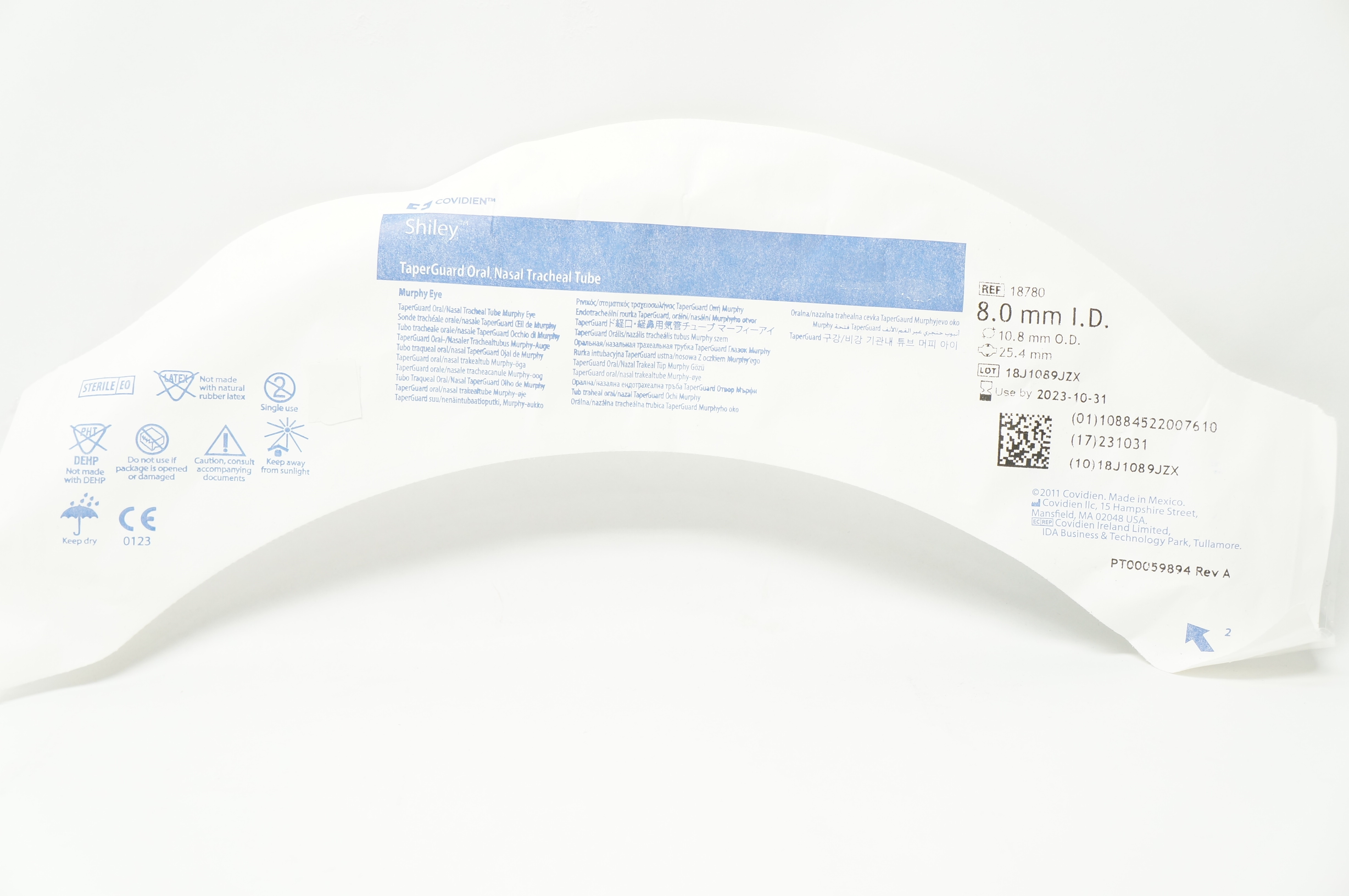 Covidien 18780 Shiley TaperGuard Oral/Nasal Tracheal Tube 8.0mm ID x 10.8 mm OD