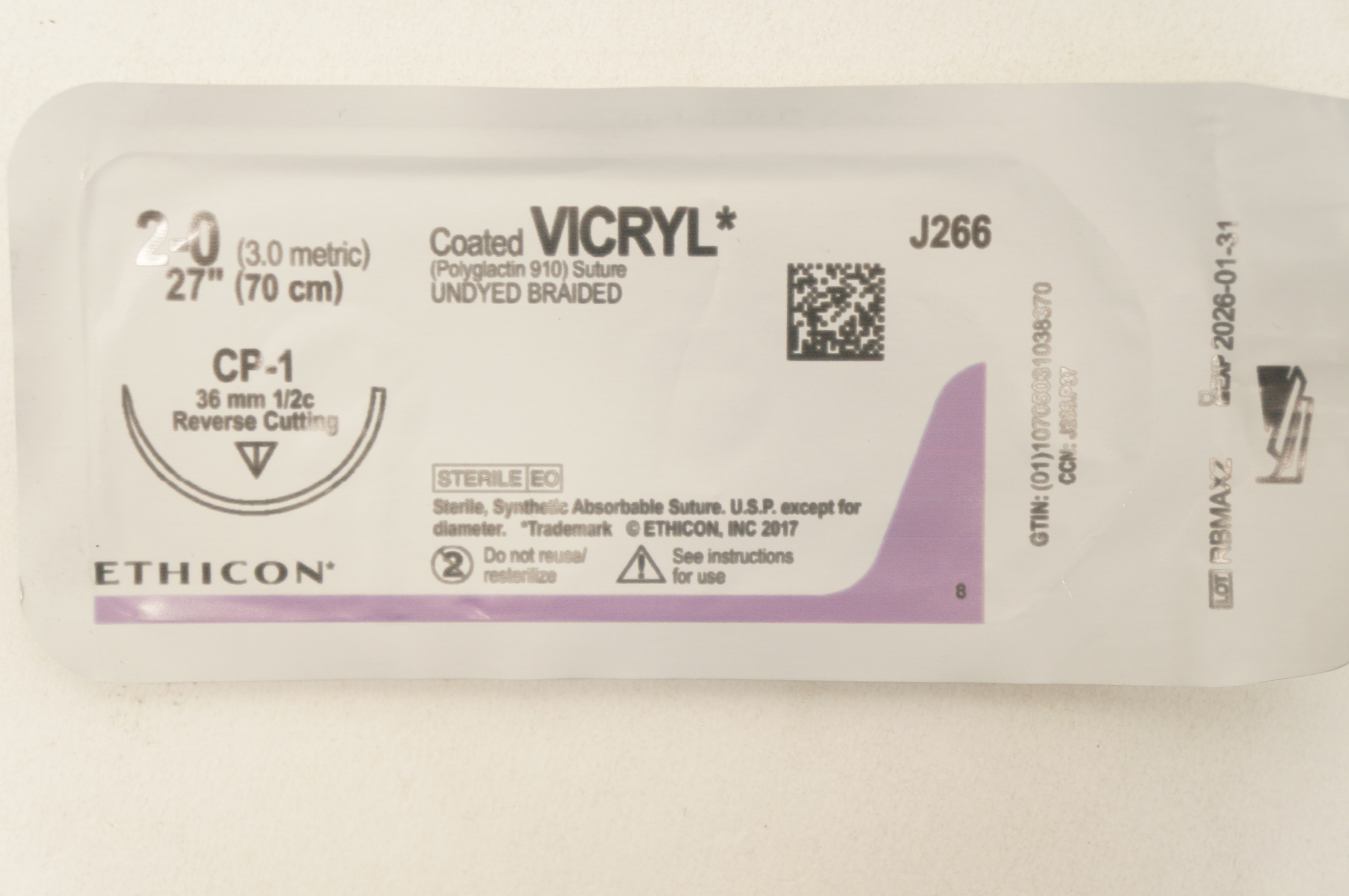 Ethicon J266 2-0 Coated VICRYL Stre CP-1 36mm 1/2c Reverse Cutting 27inch