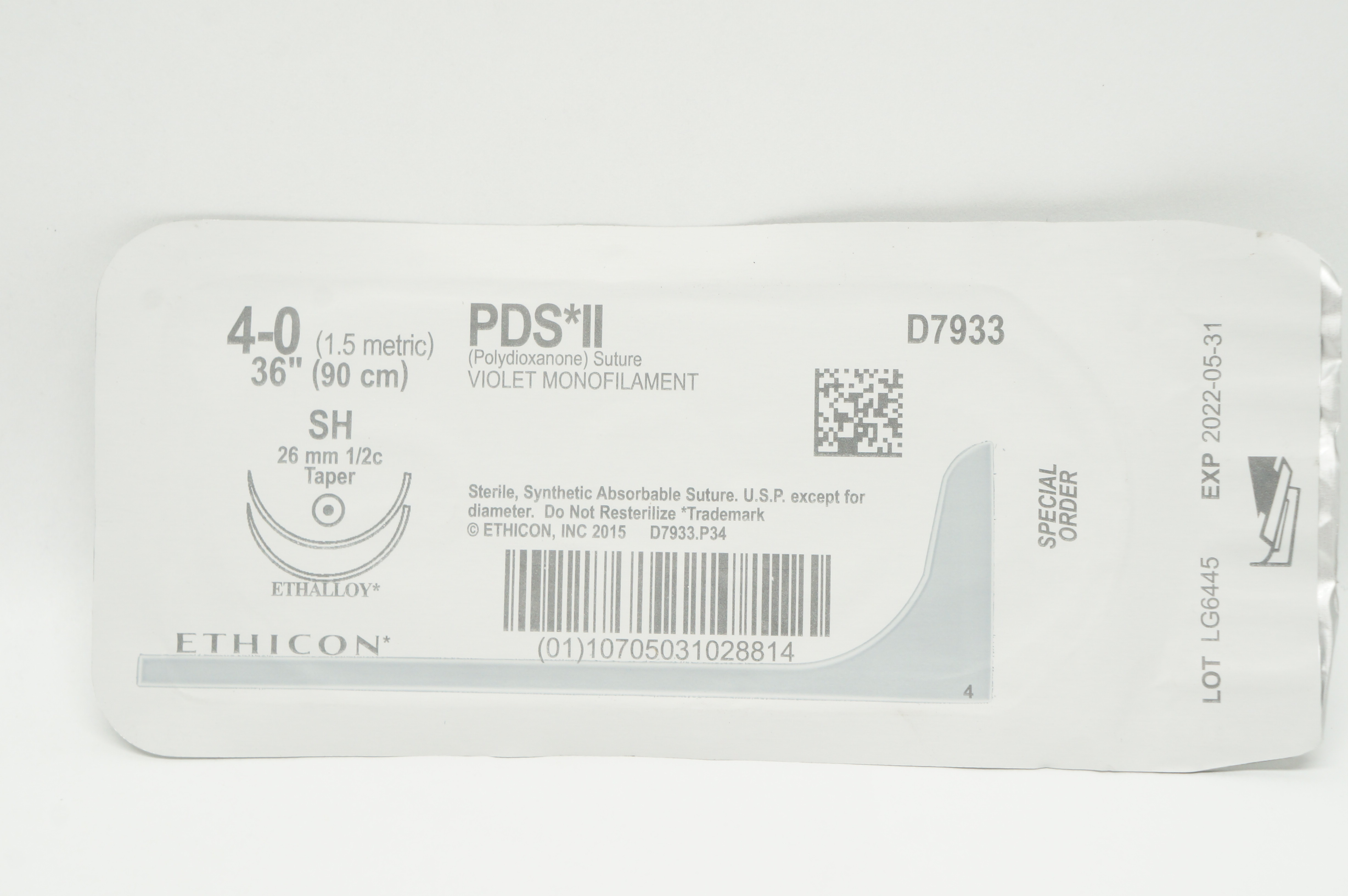 Ethicon D7933 4-0 PDS II Polydioxanone Stre SH 26mm 1/2c Taper 36inch