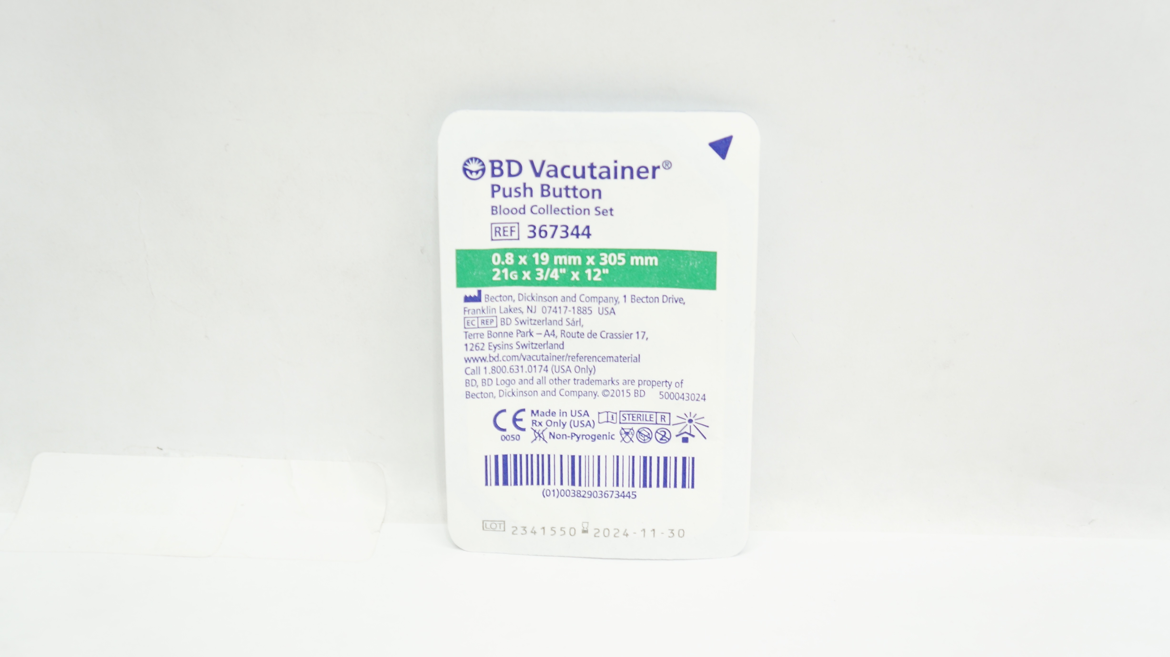 BD 367344 Vacutainer Push Button Blood Collection Set 24G x 3/4inch x 12inch