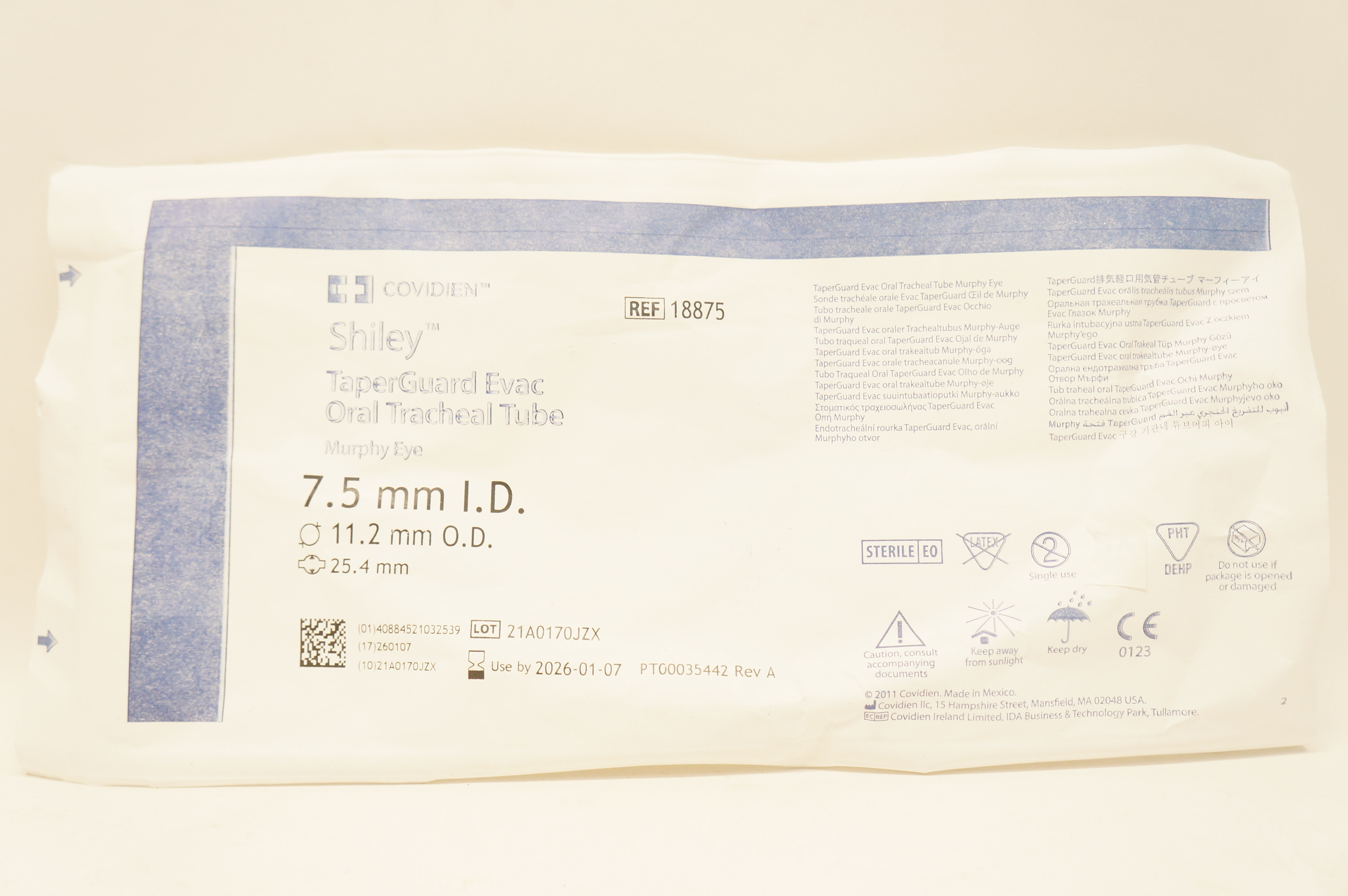 Covidien 18875 Shiley TaperGuard Evac Oral Tracheal Tube 7.5mm ID 11.2mm OD