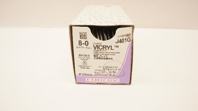 Ethicon J401G 8-0 VICRYL BV130-5 6.5mm 3/8c Taper 5inch - Box  of 12